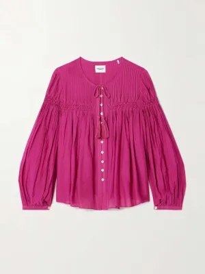 Abadi pintucked smocked cotton-blend voile blouse