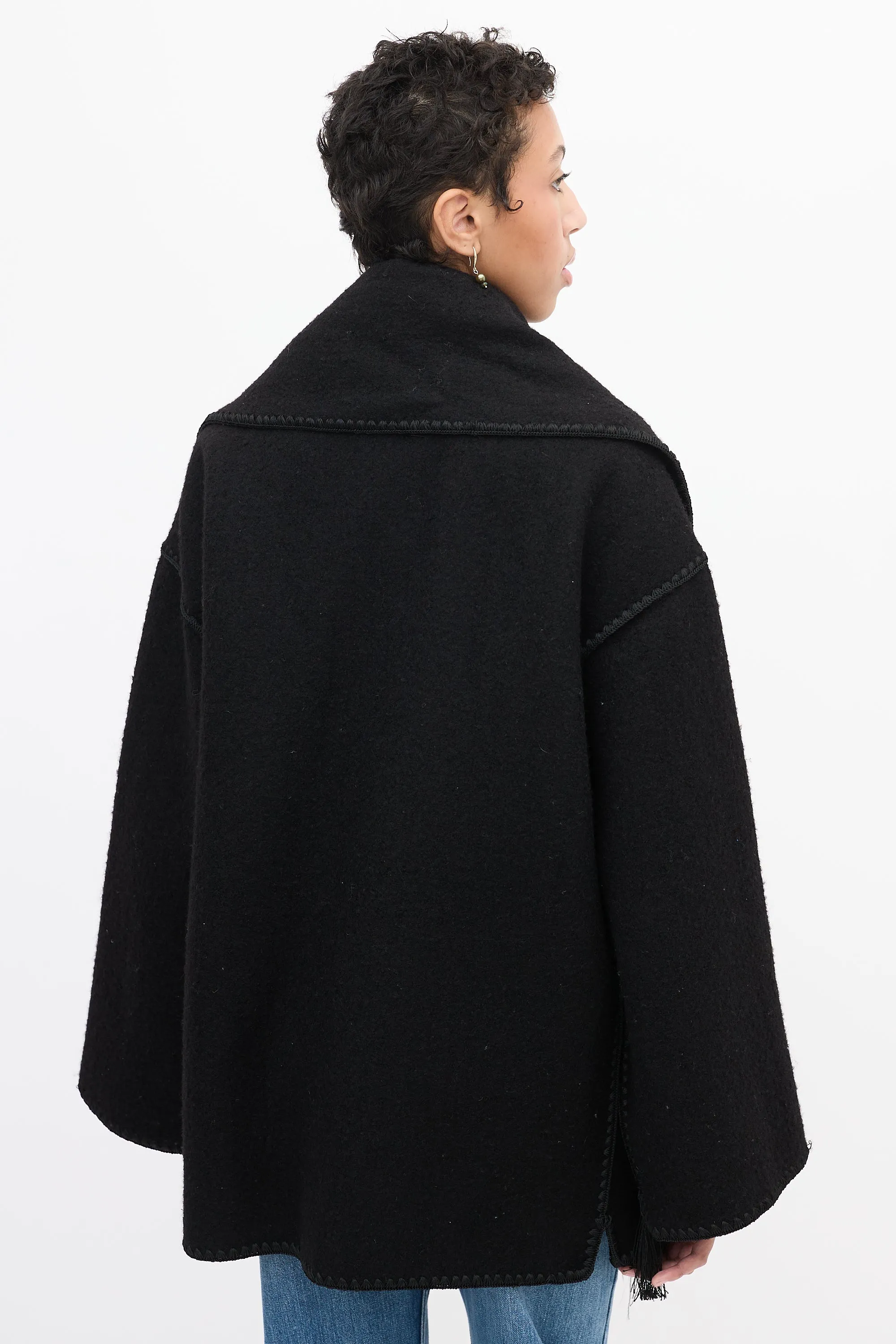 Black Wool Embroidery Scarf Jacket