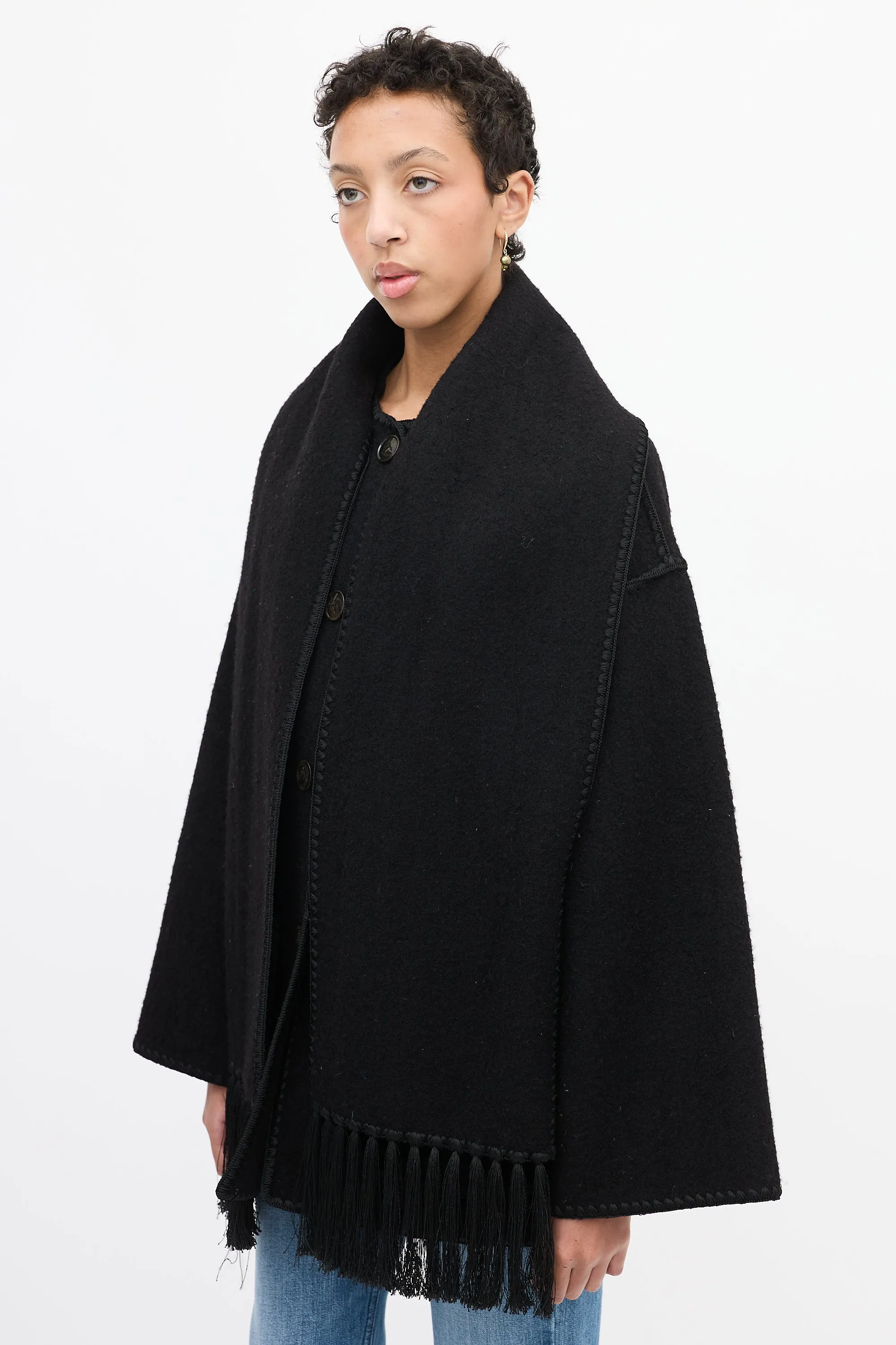 Black Wool Embroidery Scarf Jacket