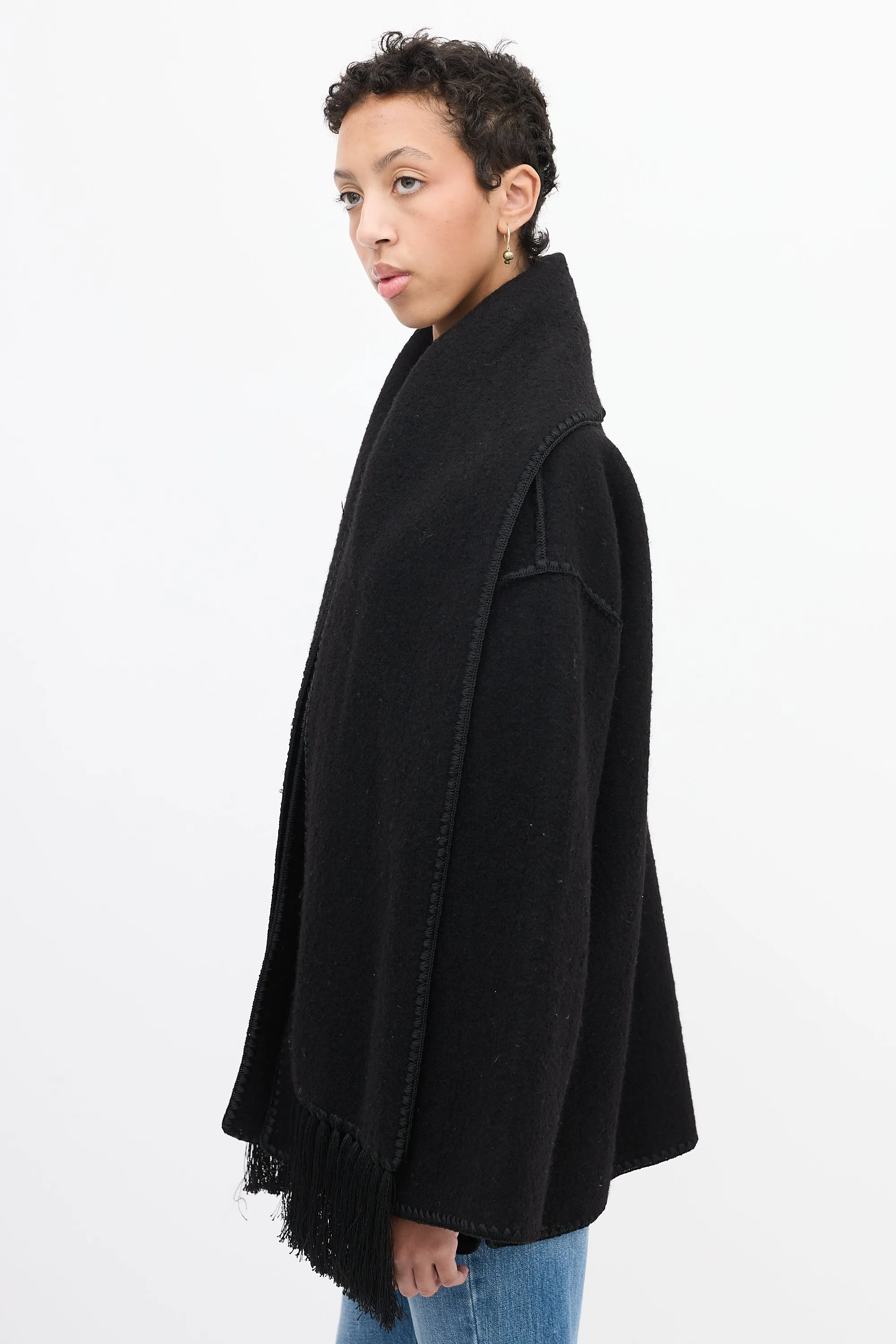 Black Wool Embroidery Scarf Jacket