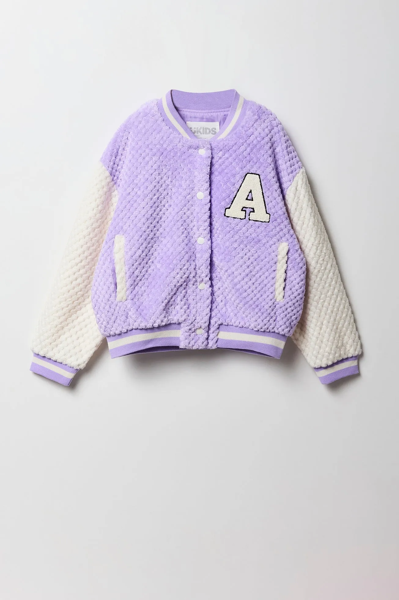 Blouson de style universitaire en peluche matelassée avec motif brodé en chenille pour fille