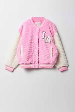 Blouson de style universitaire en peluche matelassée avec motif brodé en chenille pour fille