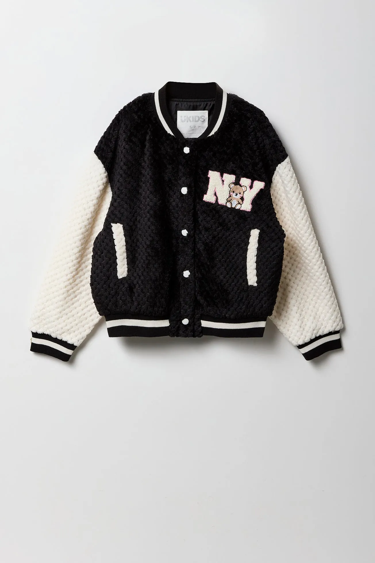 Blouson de style universitaire en peluche matelassée avec motif brodé en chenille pour fille