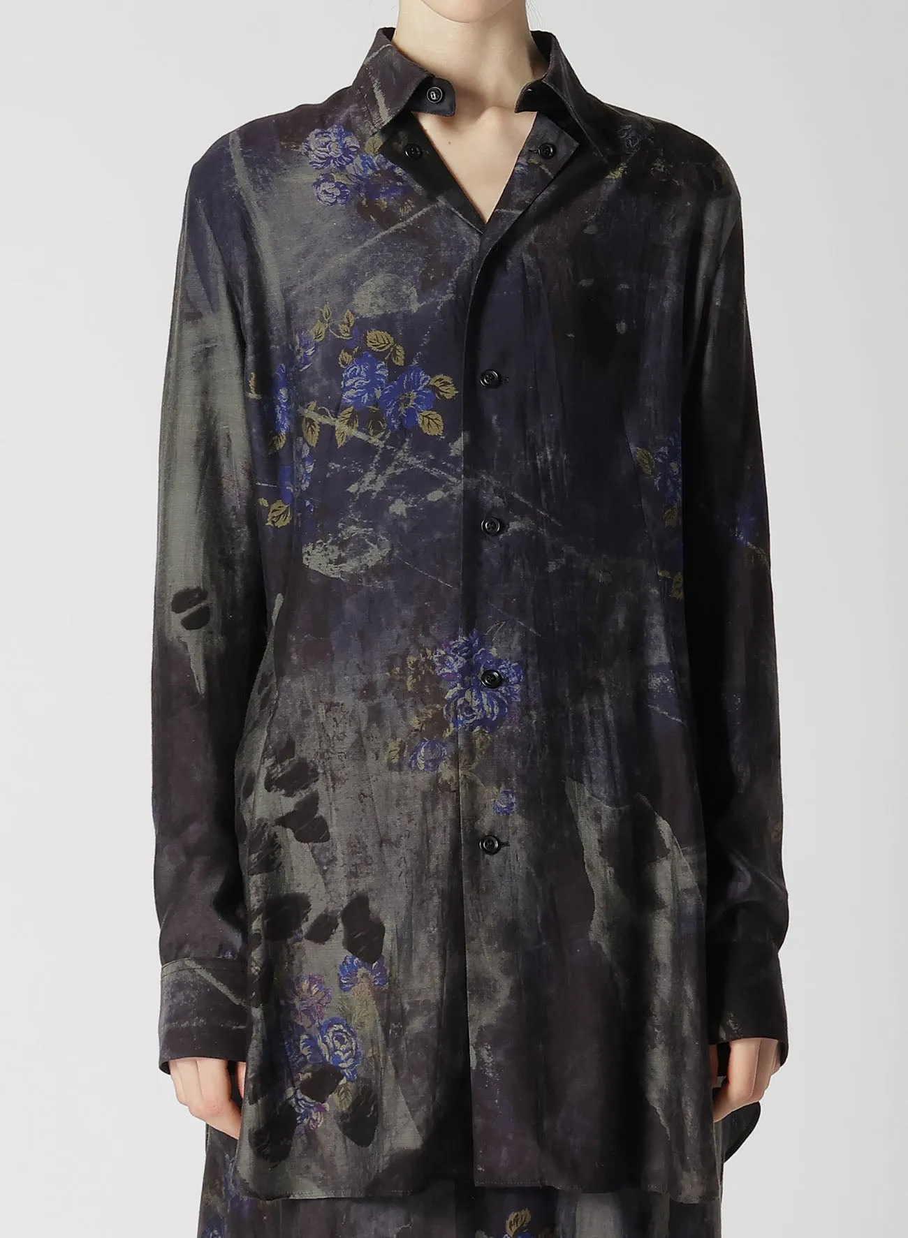 CU/ TWILL STEPPED ON FLOWER PT OPEN NECK BLOUSE