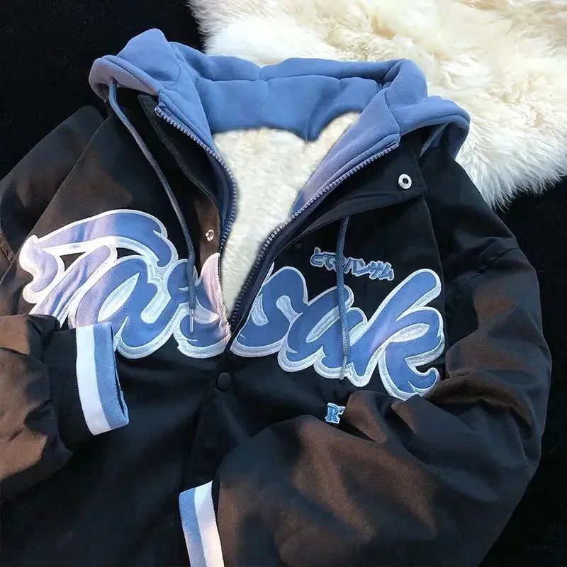 Flytonn-Super Thick Plush Embroidery Letter Coat Women Winter Warm Loose Jackets Harajuku Japanese Baseball Jersey Y2k Fashion Clothes