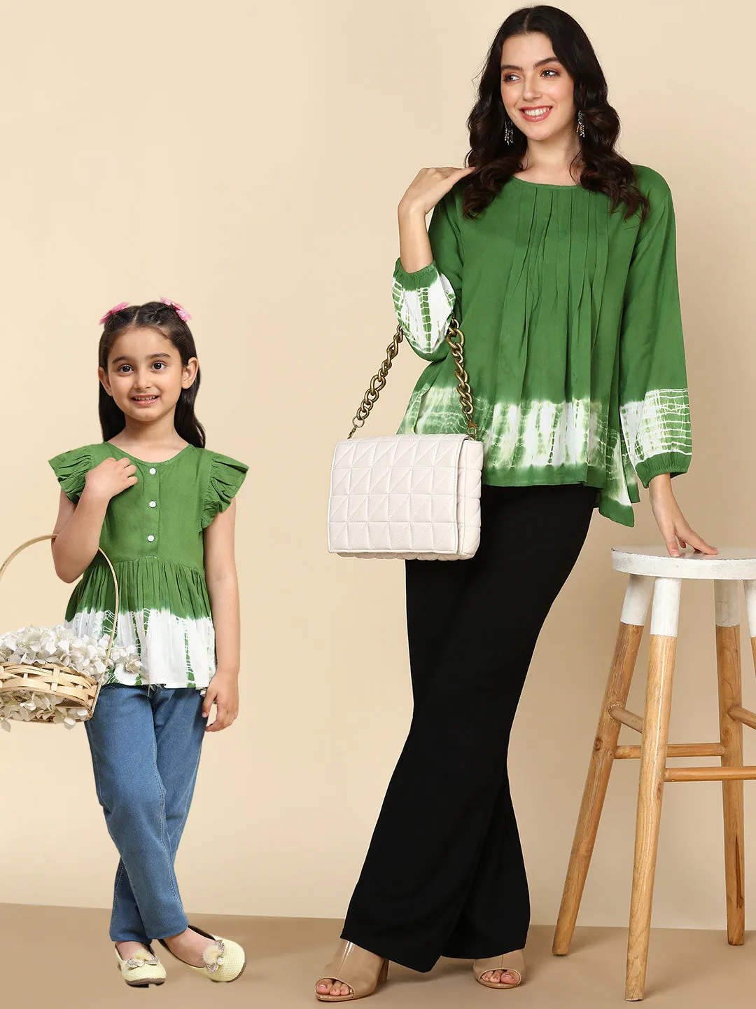Green Hand Dyed Mother Daughter Tops Combo