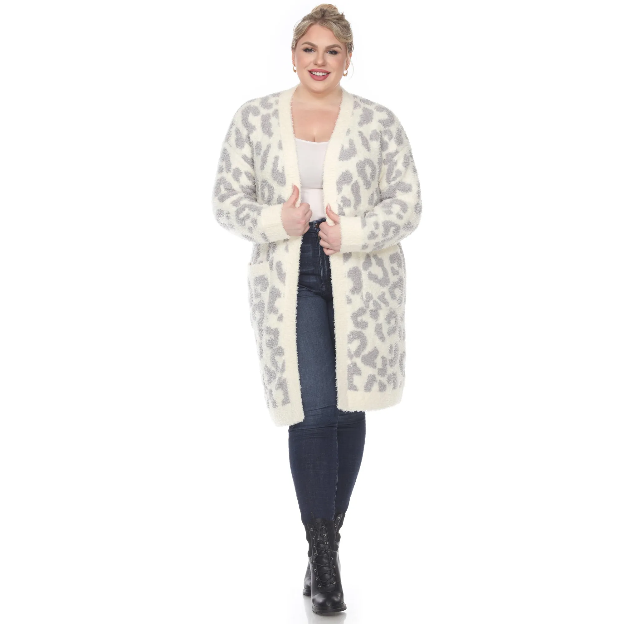 Leopard Print Open Front Sherpa Coat - Plus