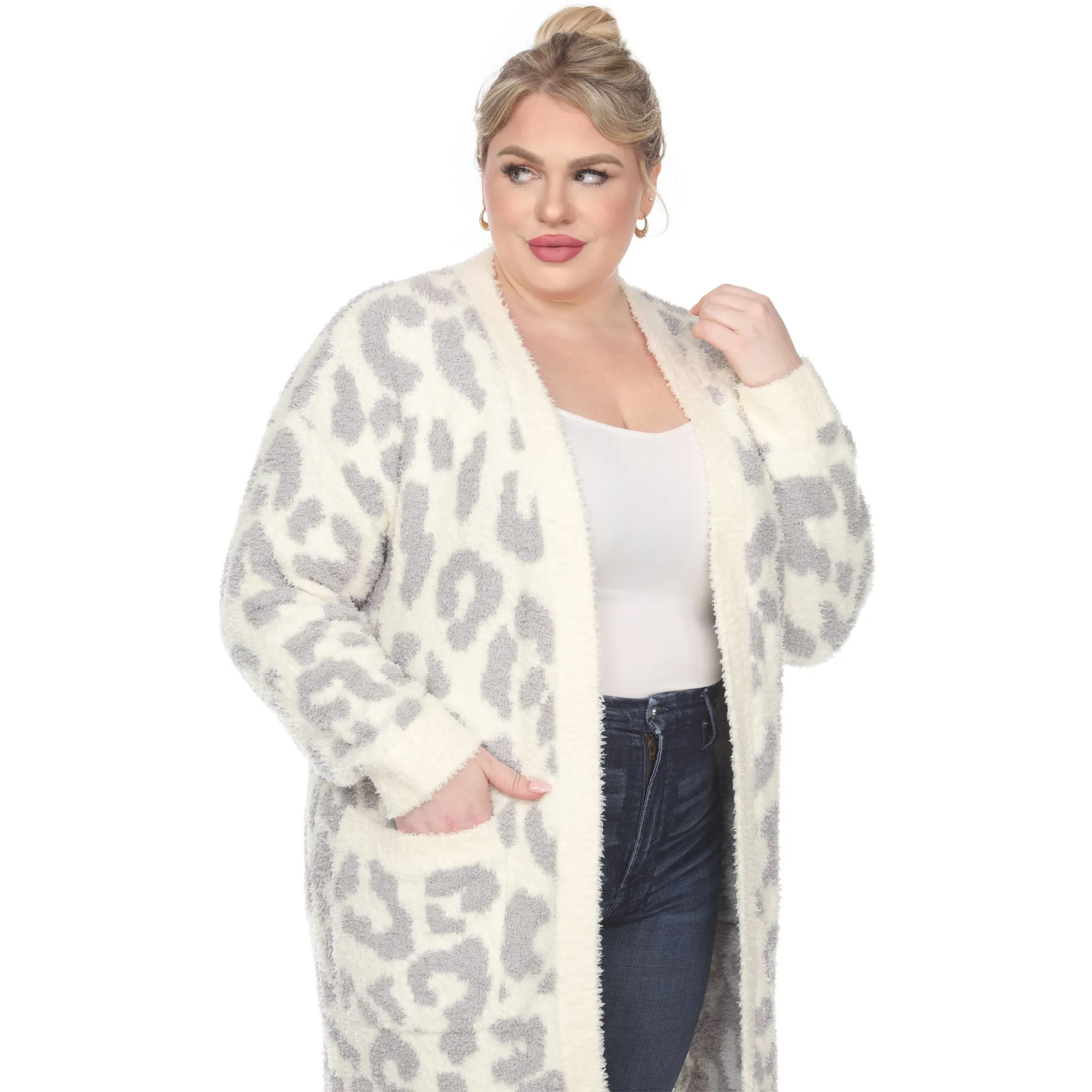 Leopard Print Open Front Sherpa Coat - Plus