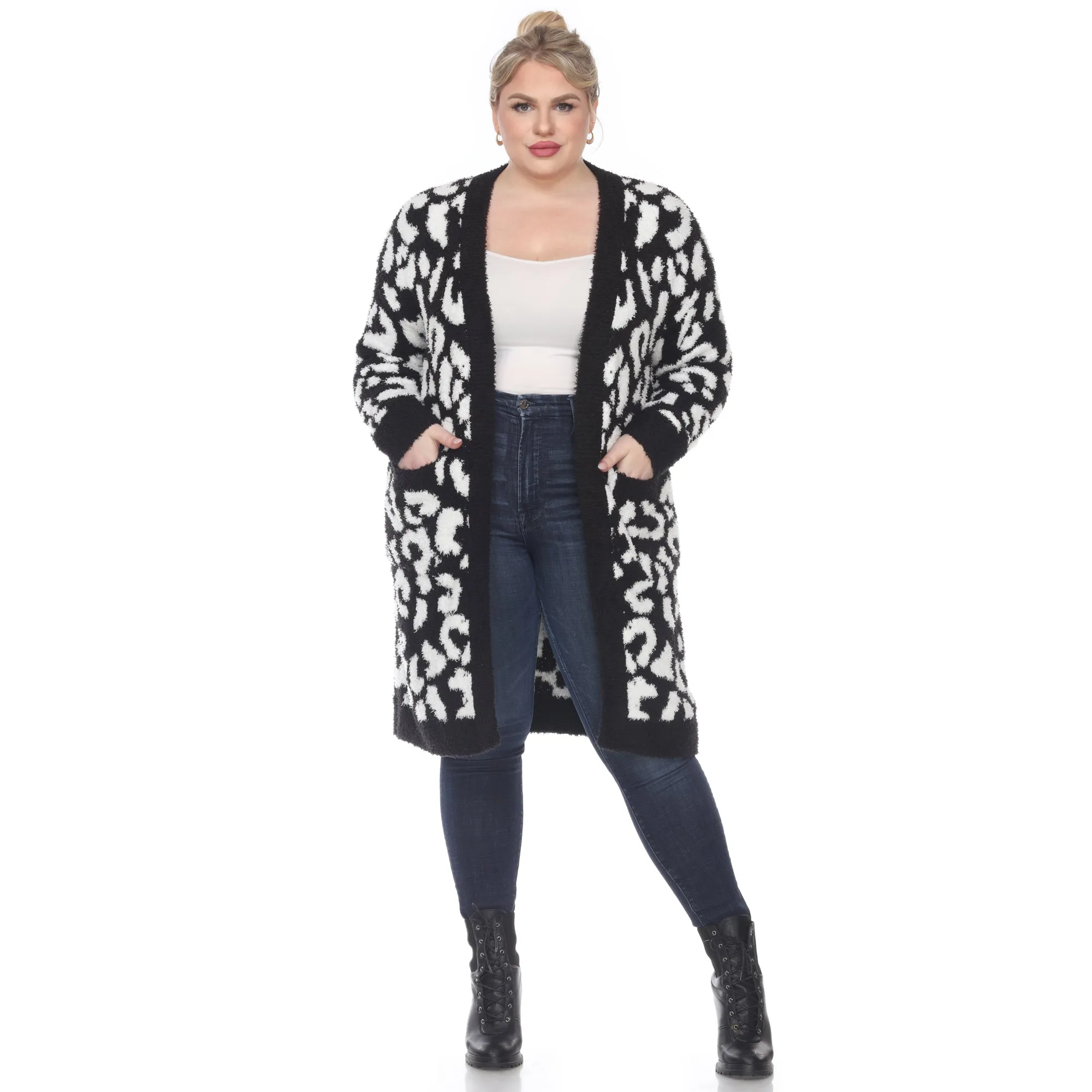 Leopard Print Open Front Sherpa Coat - Plus