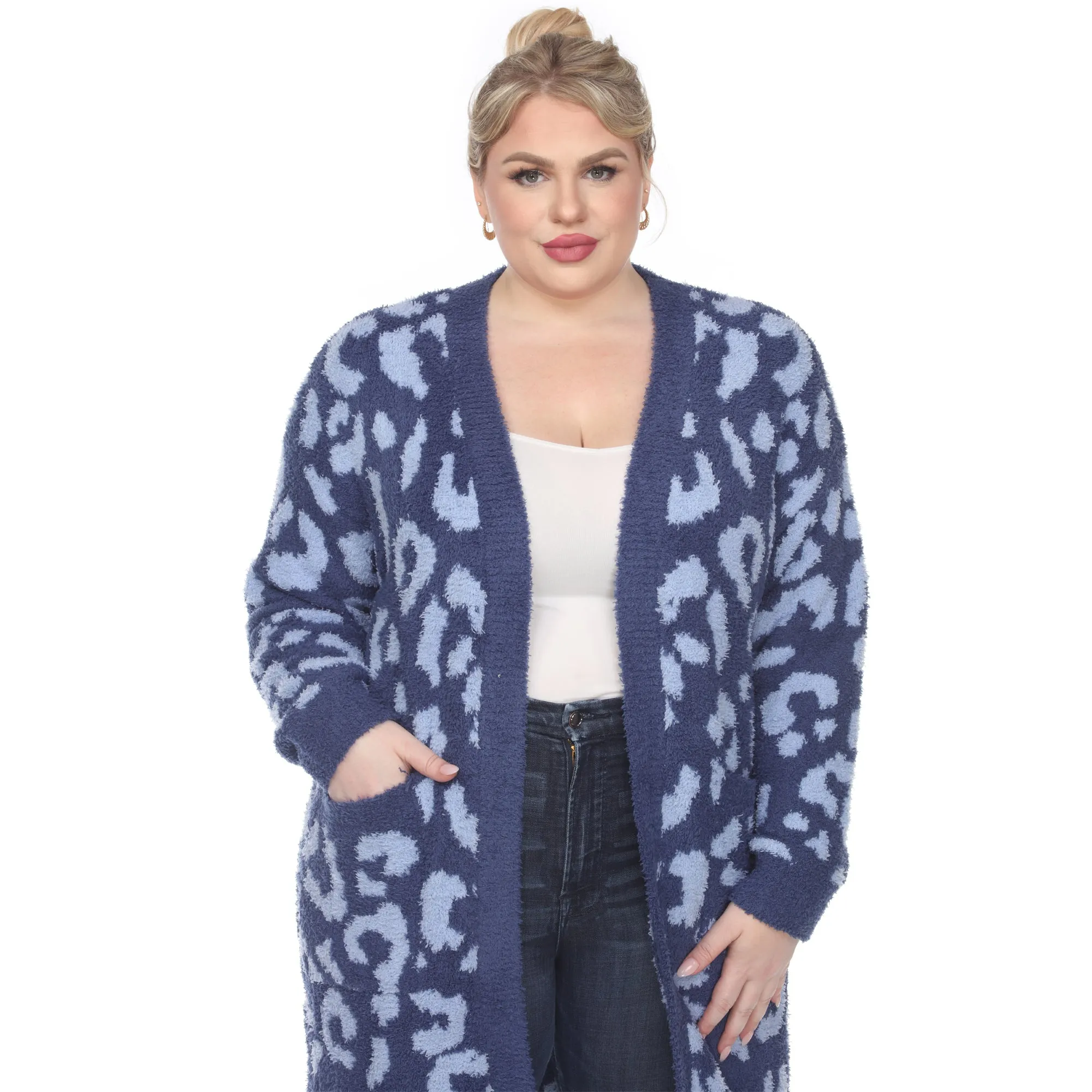 Leopard Print Open Front Sherpa Coat - Plus