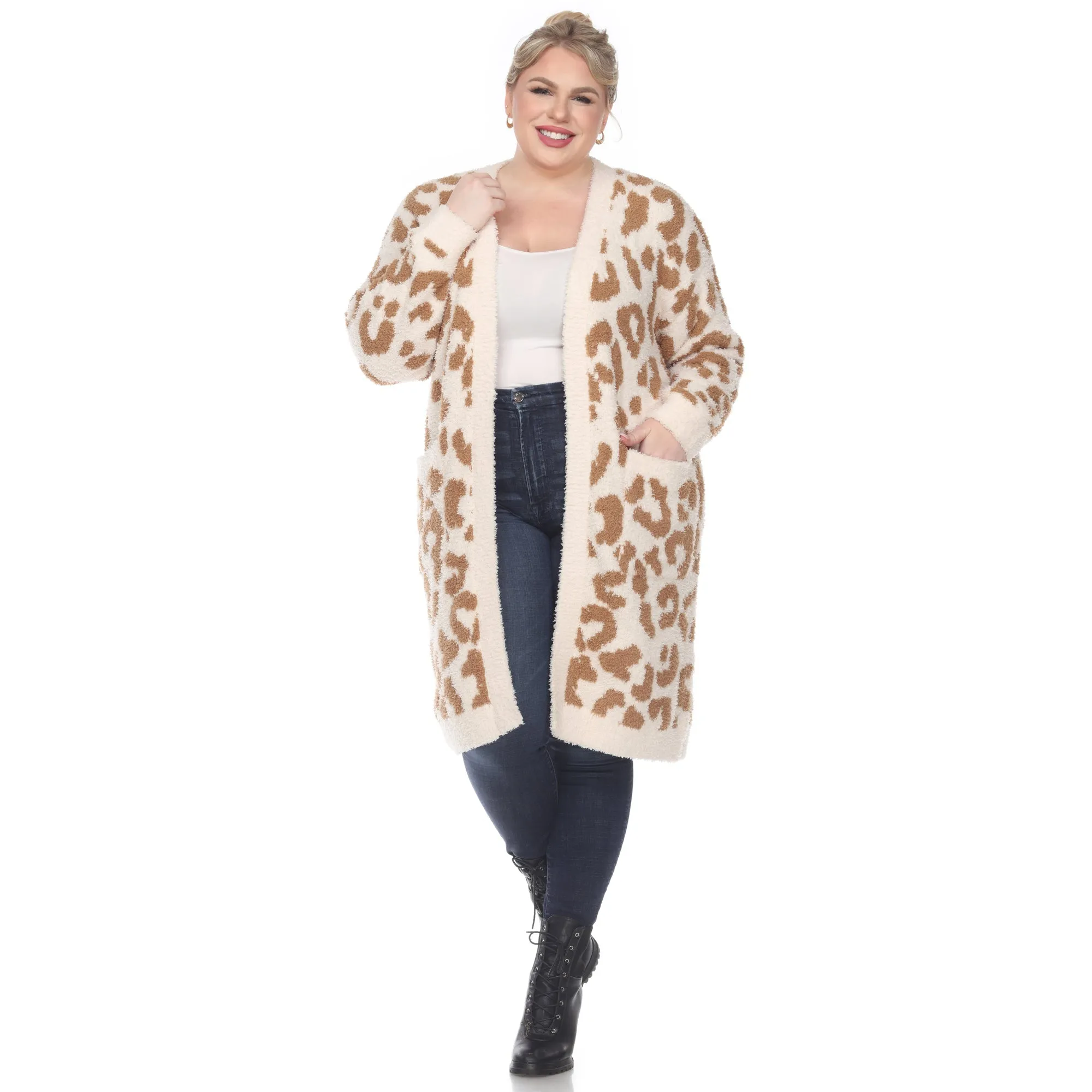 Leopard Print Open Front Sherpa Coat - Plus