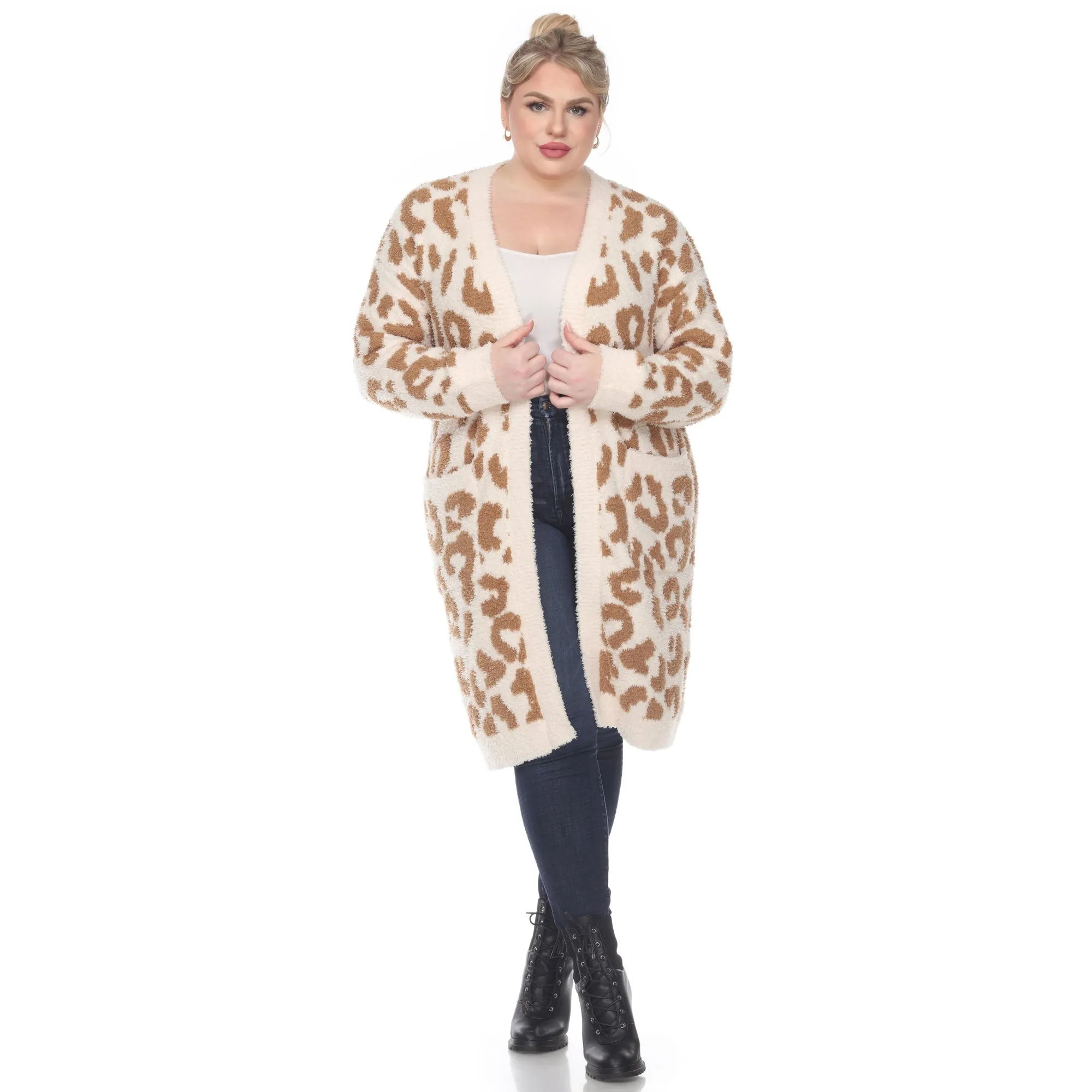 Leopard Print Open Front Sherpa Coat - Plus