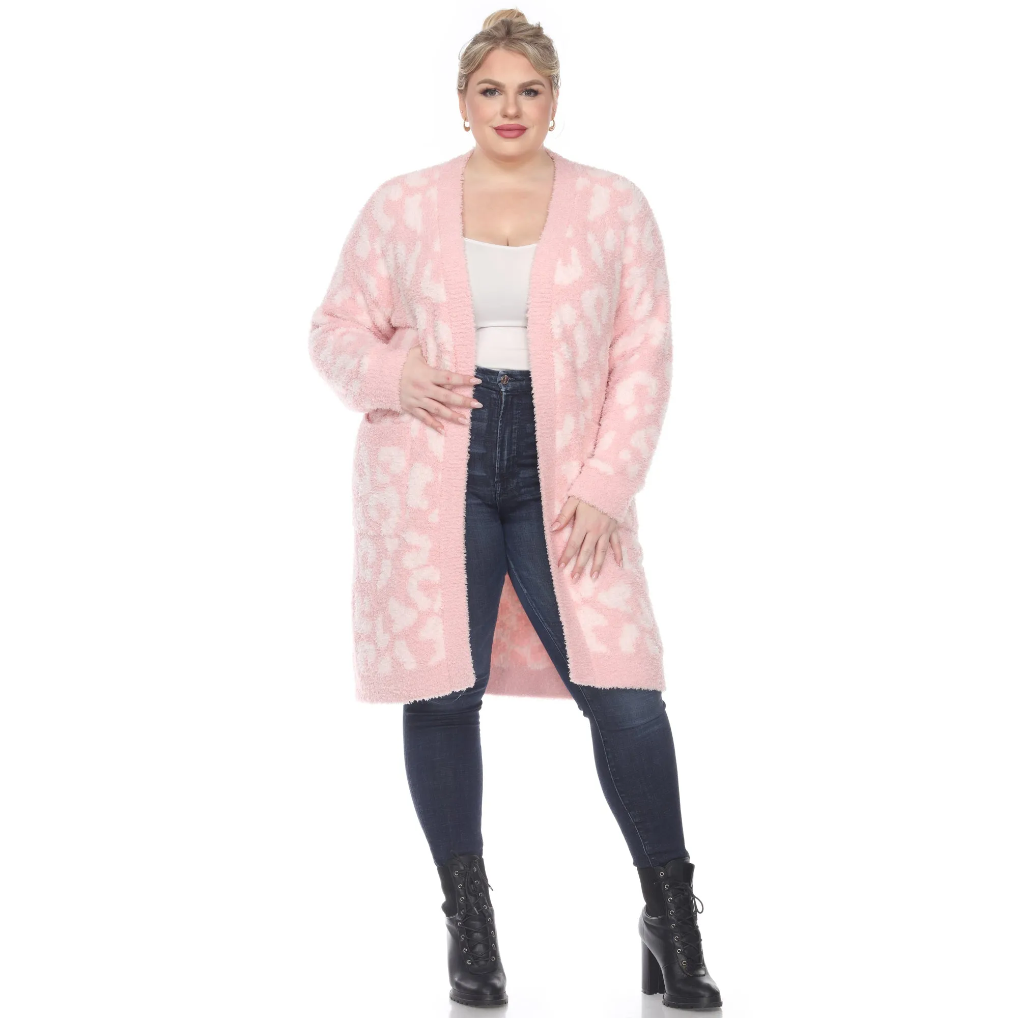 Leopard Print Open Front Sherpa Coat - Plus