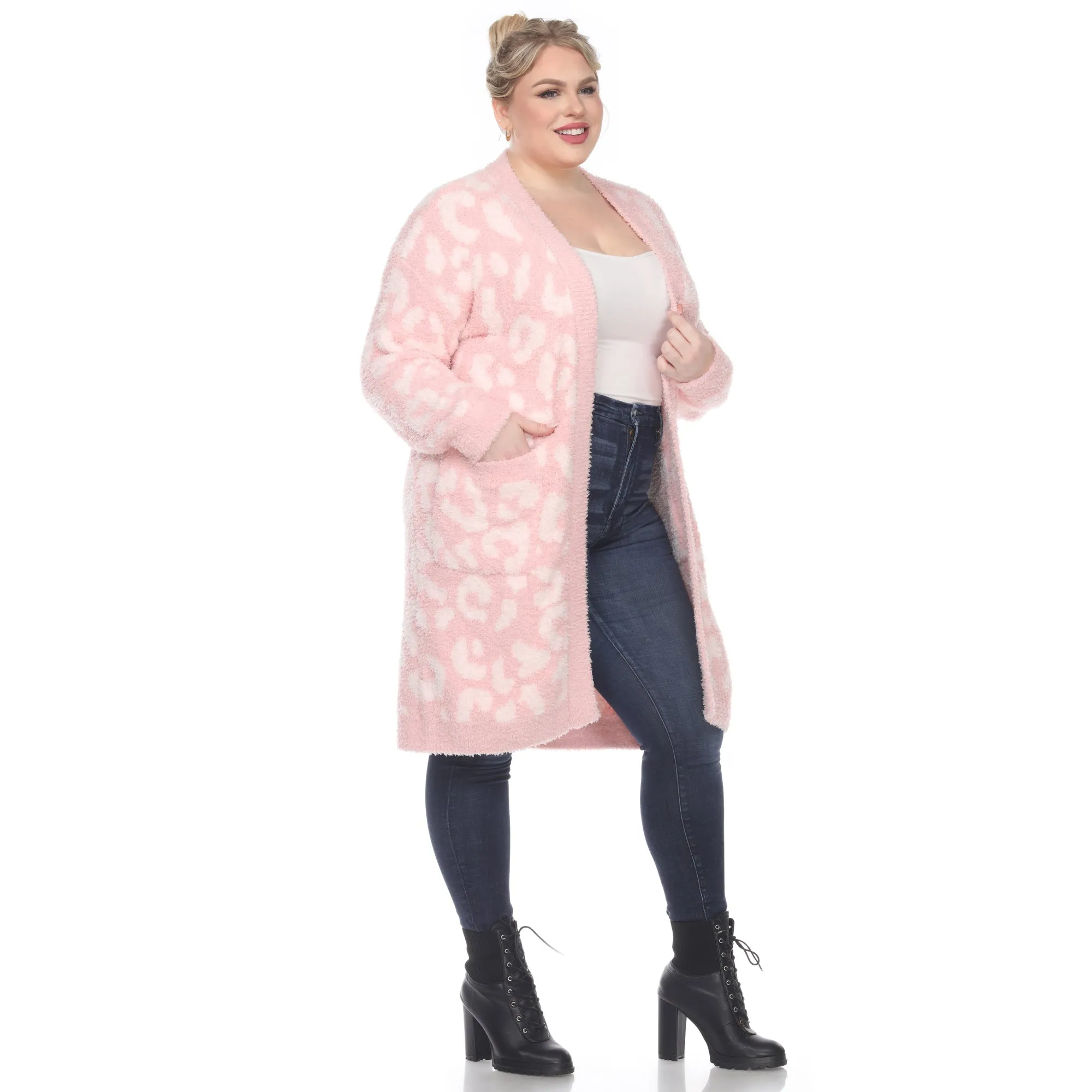 Leopard Print Open Front Sherpa Coat - Plus