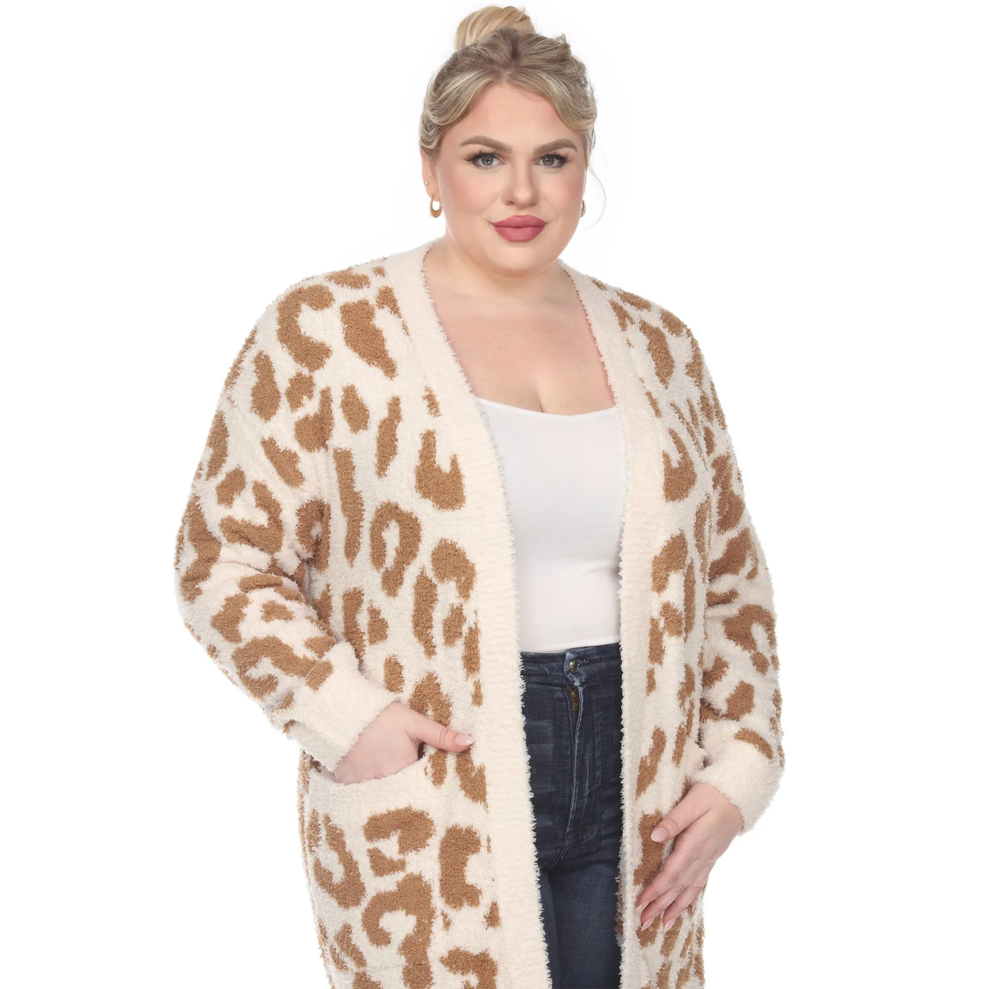 Leopard Print Open Front Sherpa Coat - Plus