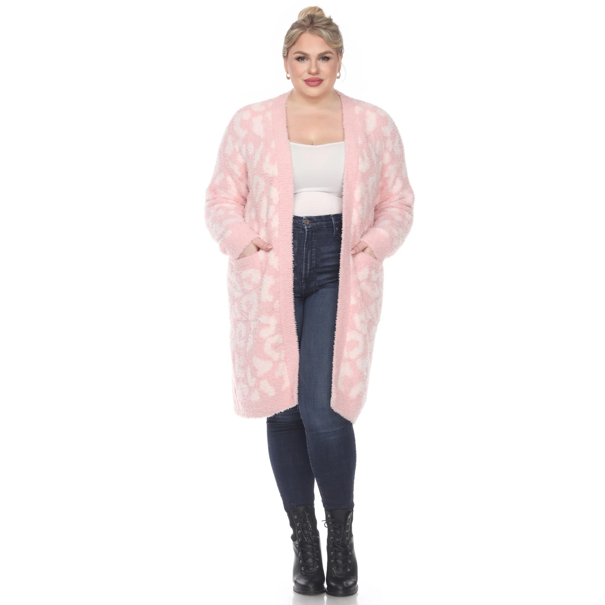 Leopard Print Open Front Sherpa Coat - Plus