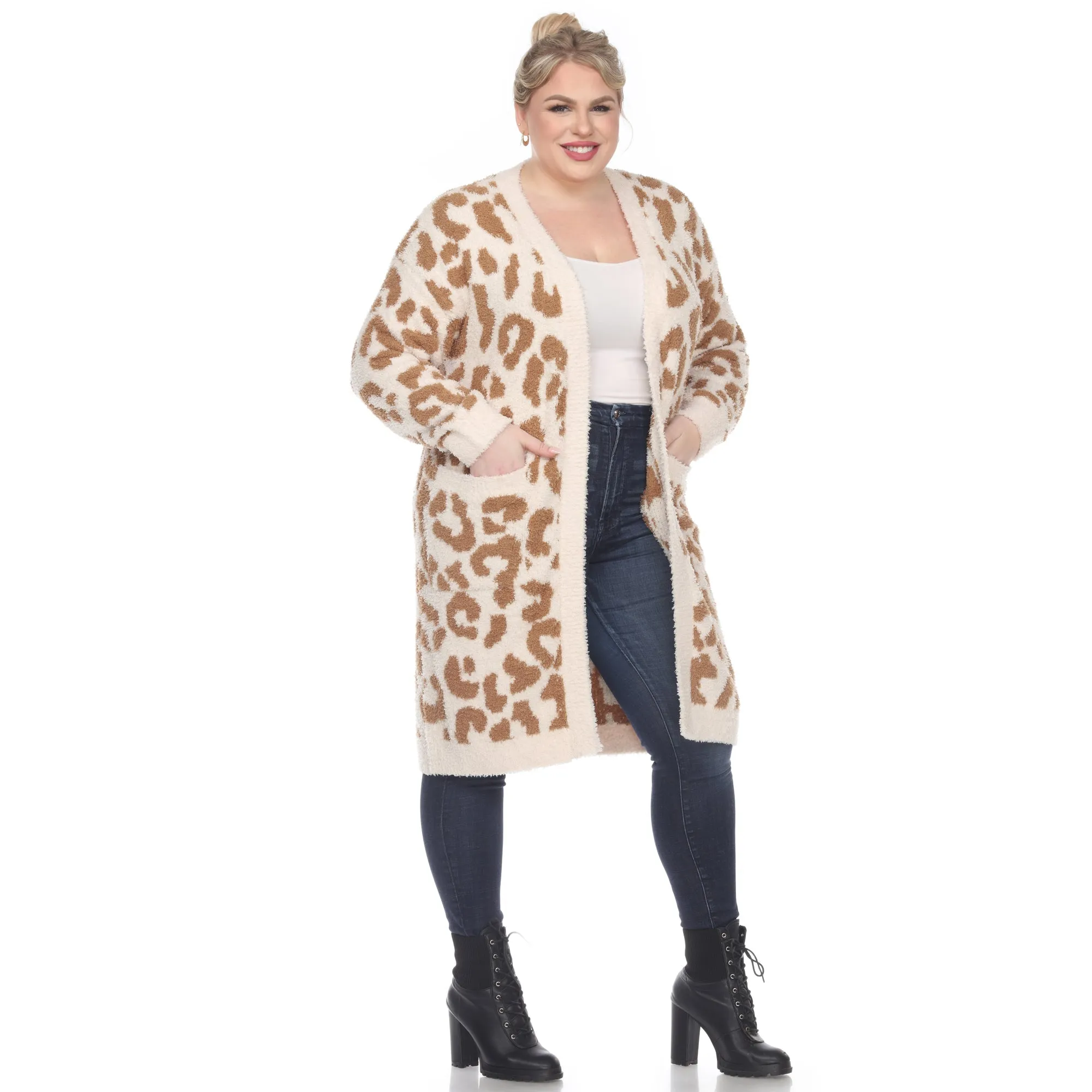 Leopard Print Open Front Sherpa Coat - Plus