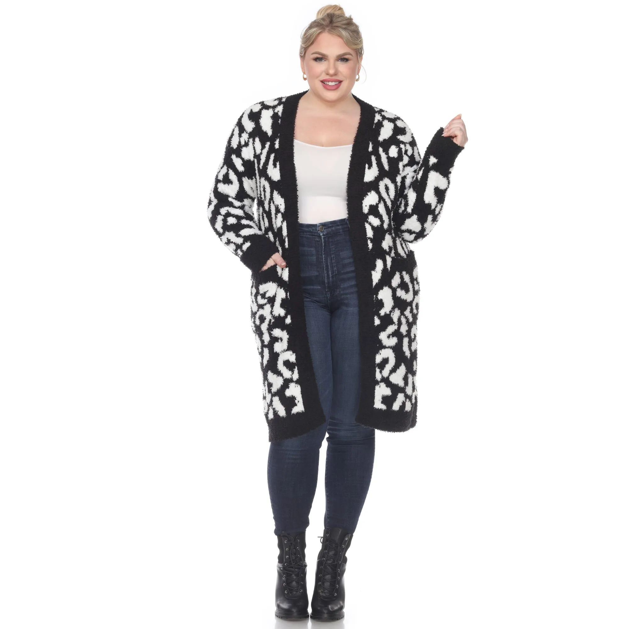 Leopard Print Open Front Sherpa Coat - Plus