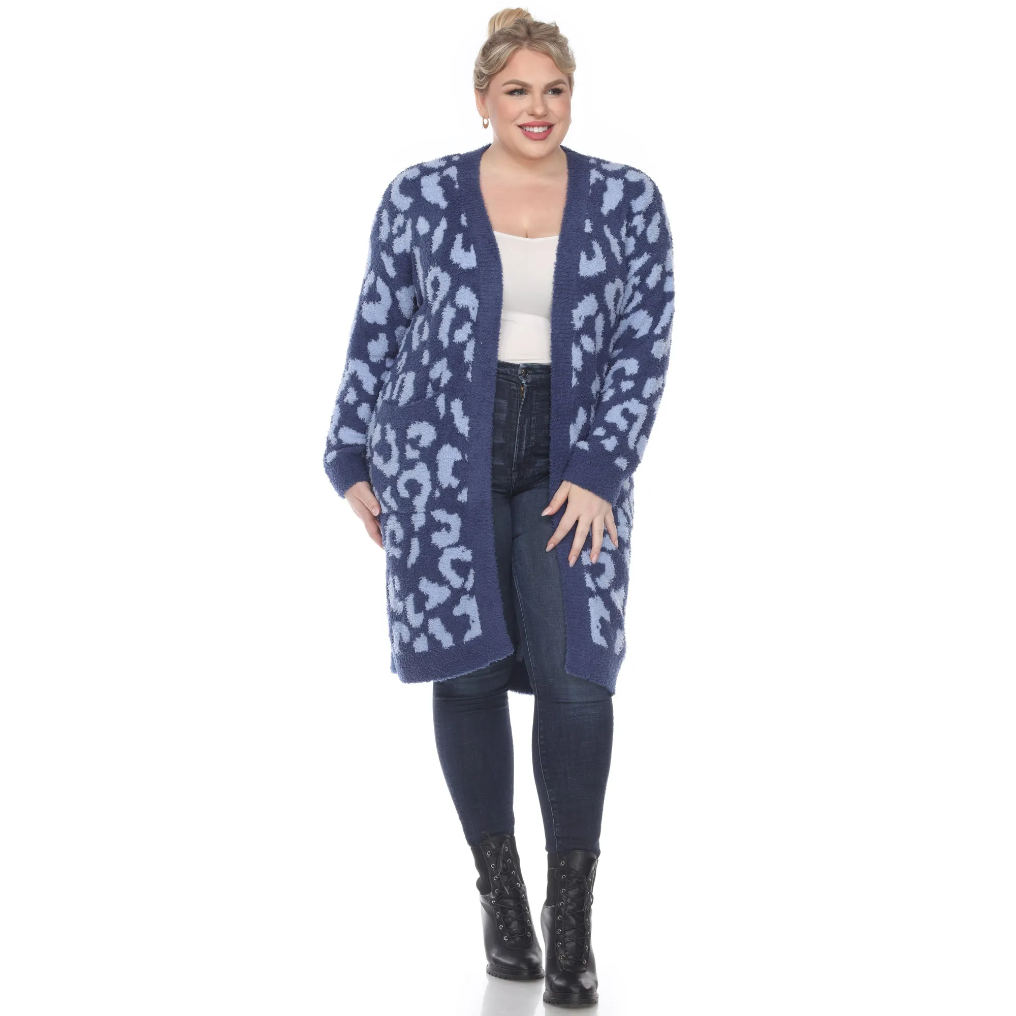 Leopard Print Open Front Sherpa Coat - Plus