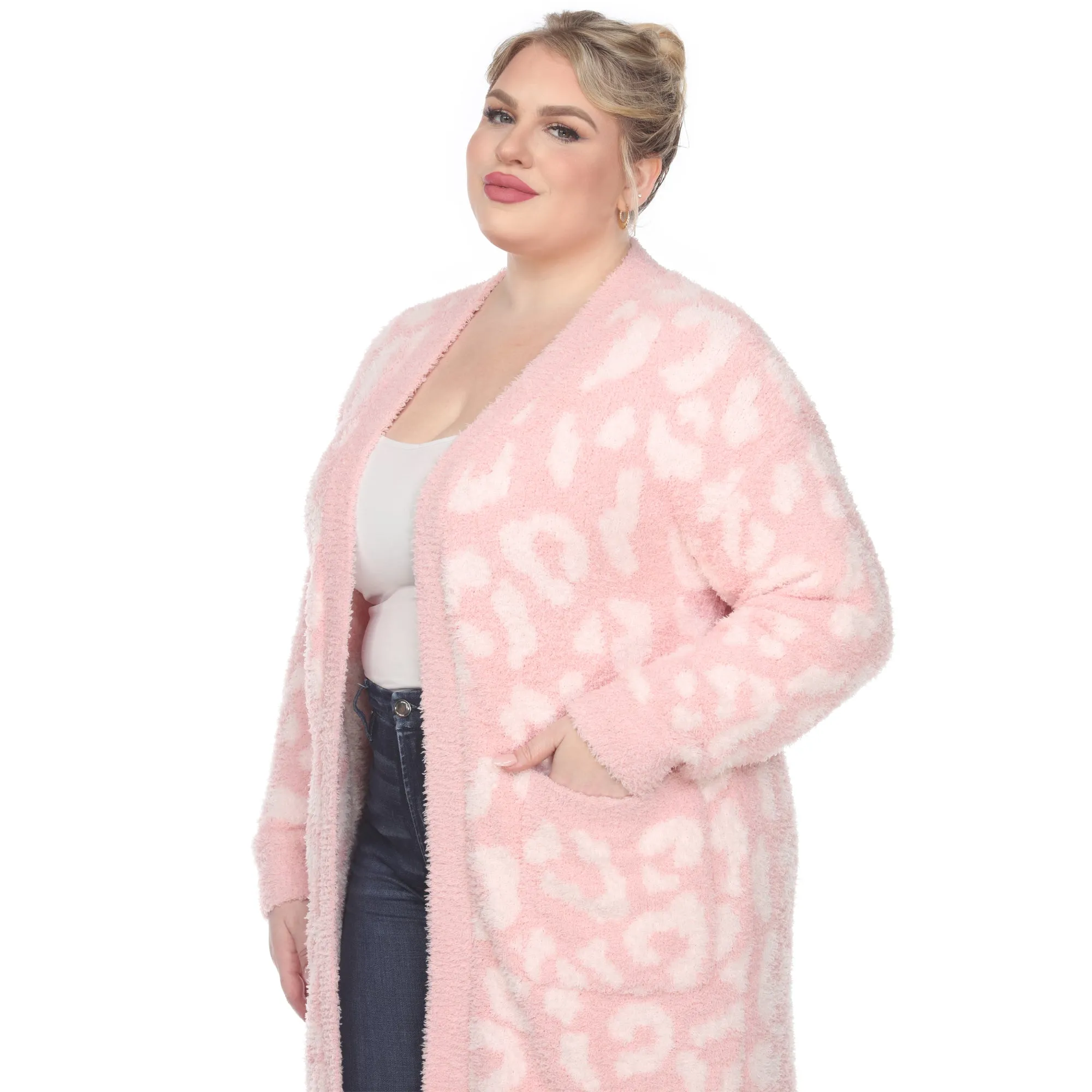Leopard Print Open Front Sherpa Coat - Plus