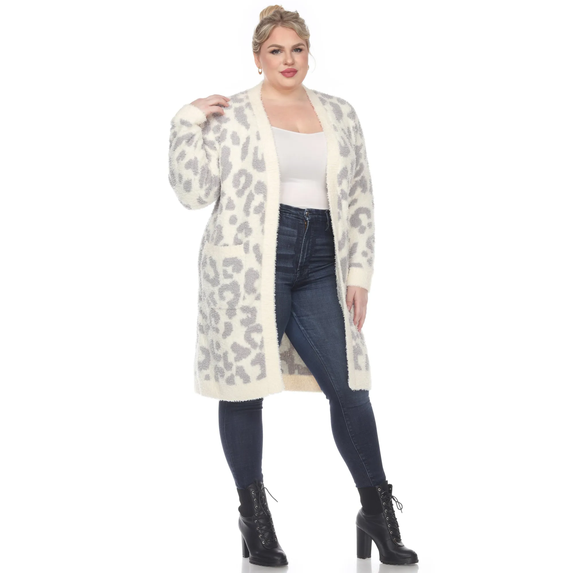 Leopard Print Open Front Sherpa Coat - Plus