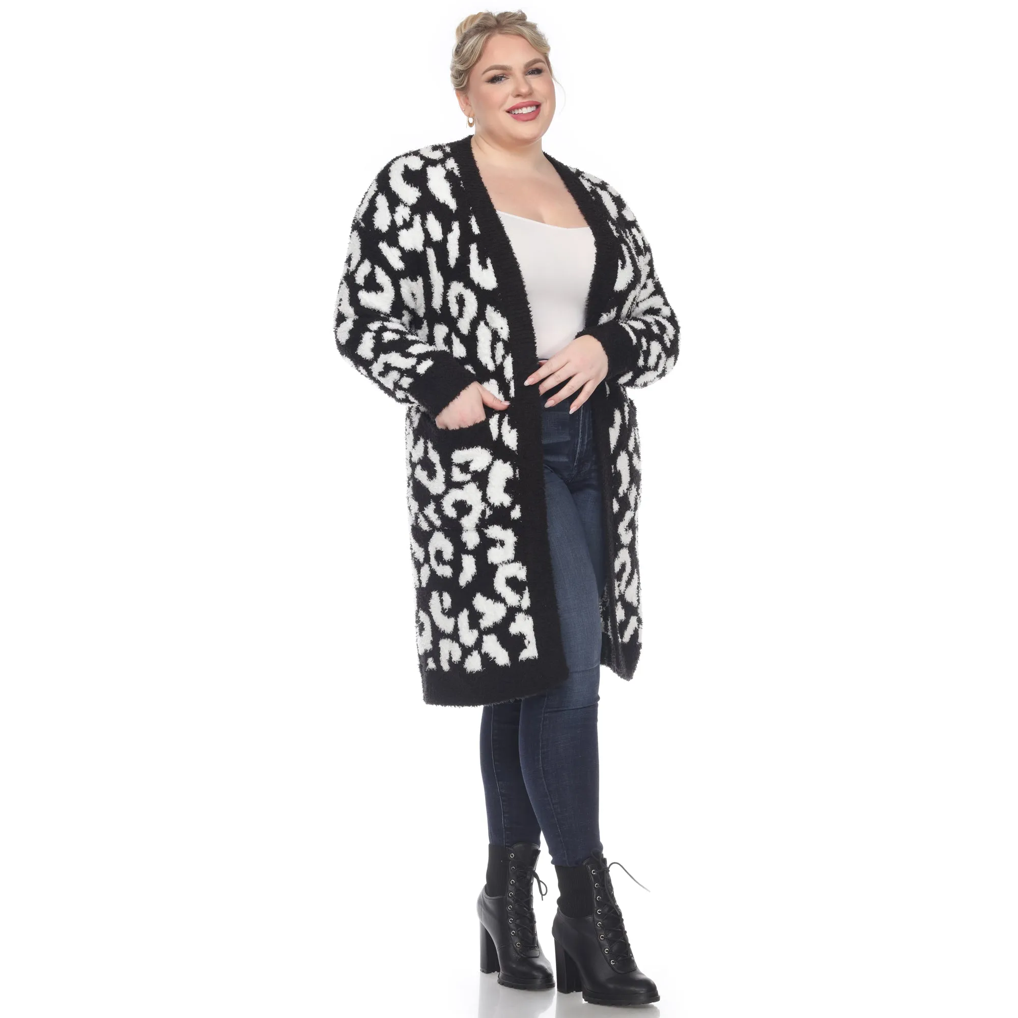 Leopard Print Open Front Sherpa Coat - Plus
