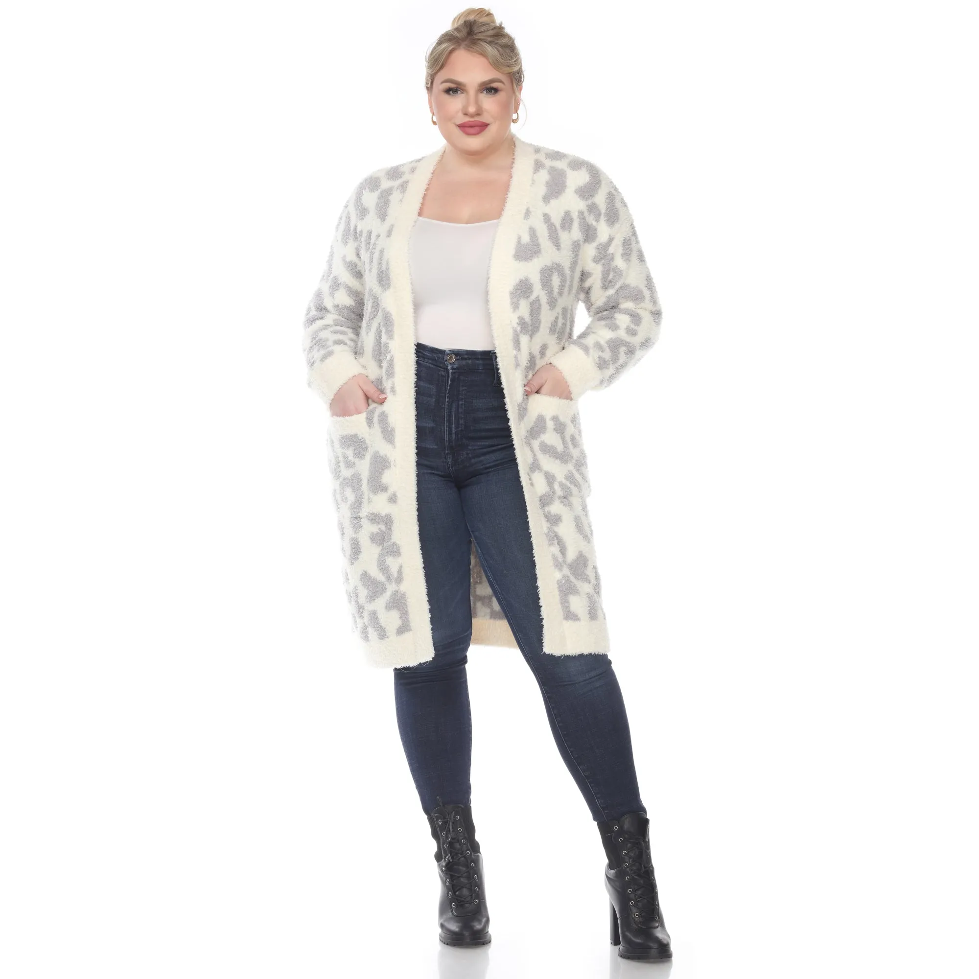 Leopard Print Open Front Sherpa Coat - Plus