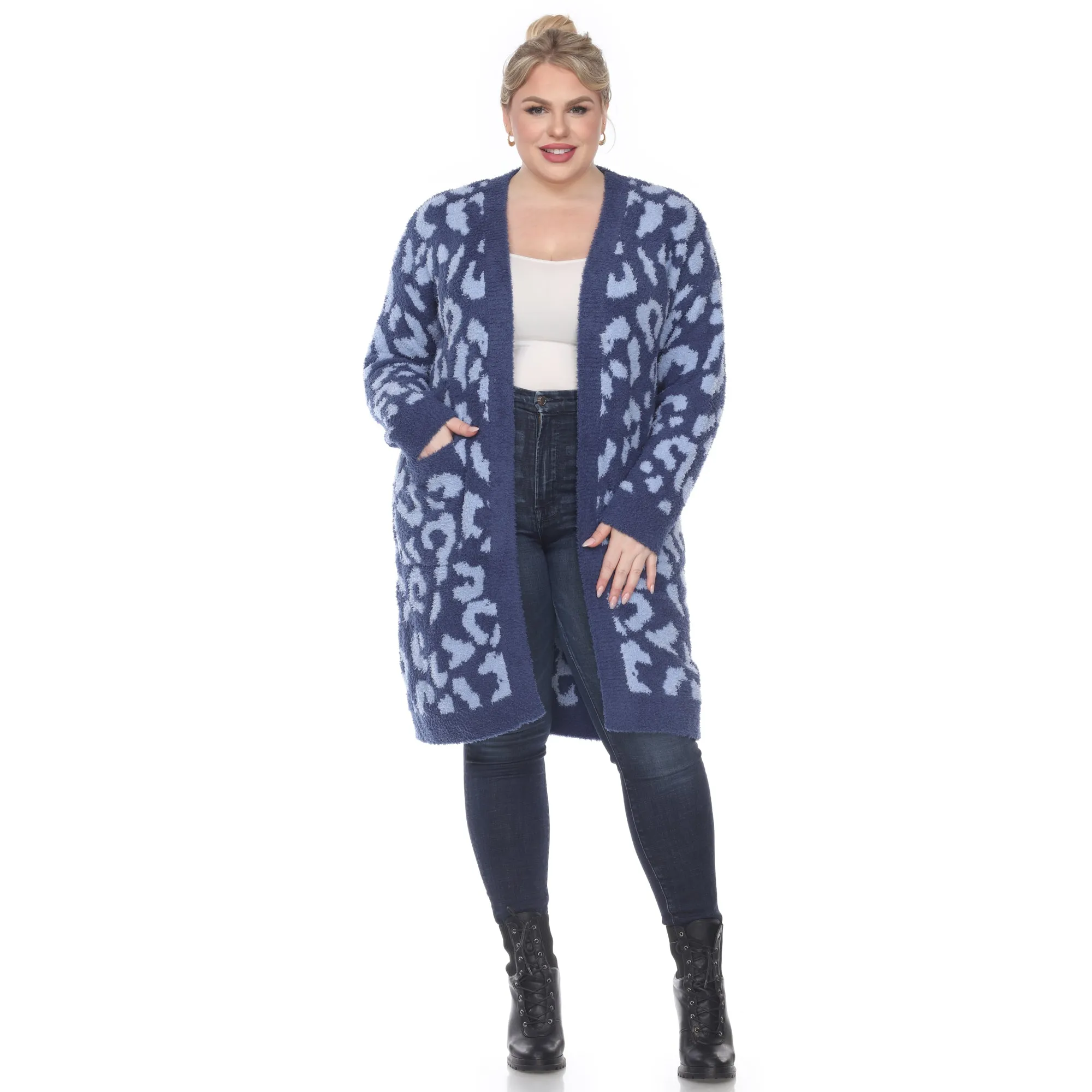 Leopard Print Open Front Sherpa Coat - Plus