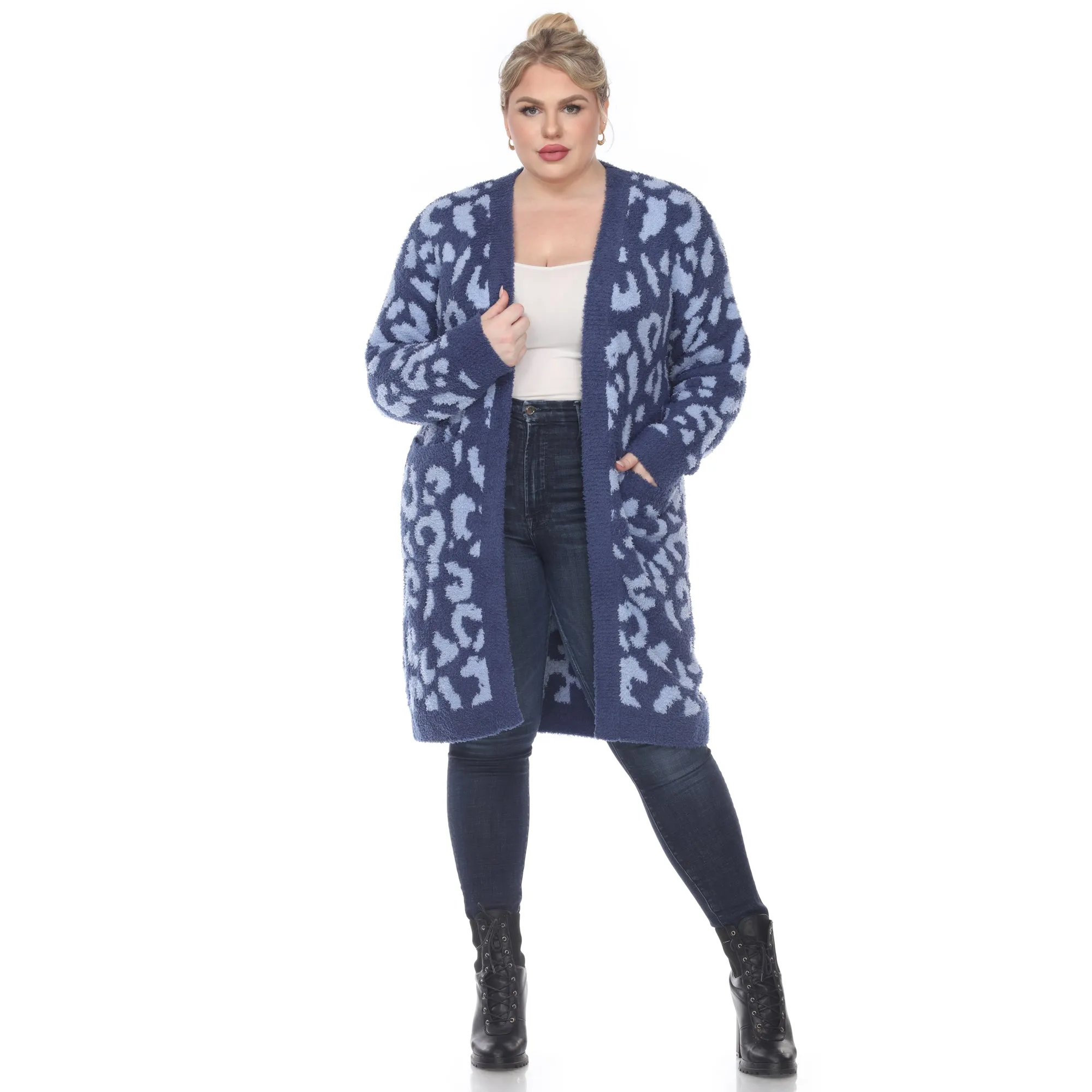 Leopard Print Open Front Sherpa Coat - Plus