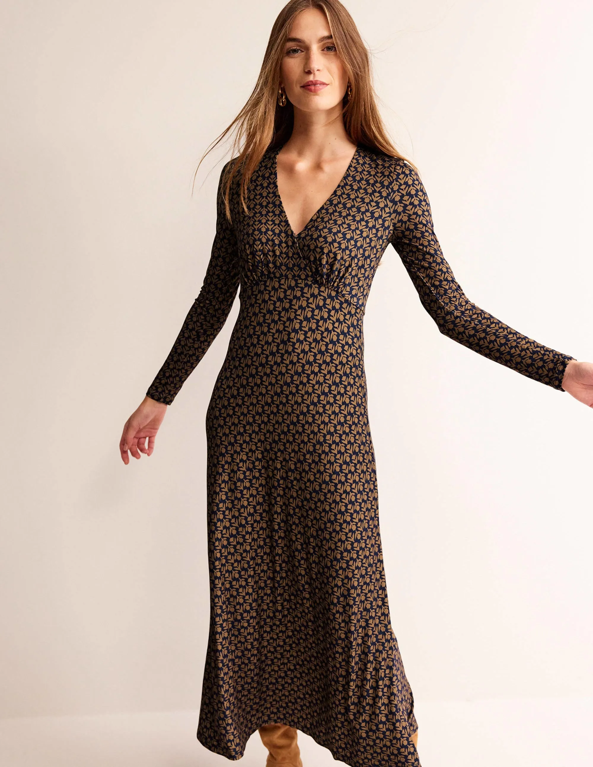 Long Sleeve Jersey Tea Dress-Camel, Tulip Pop
