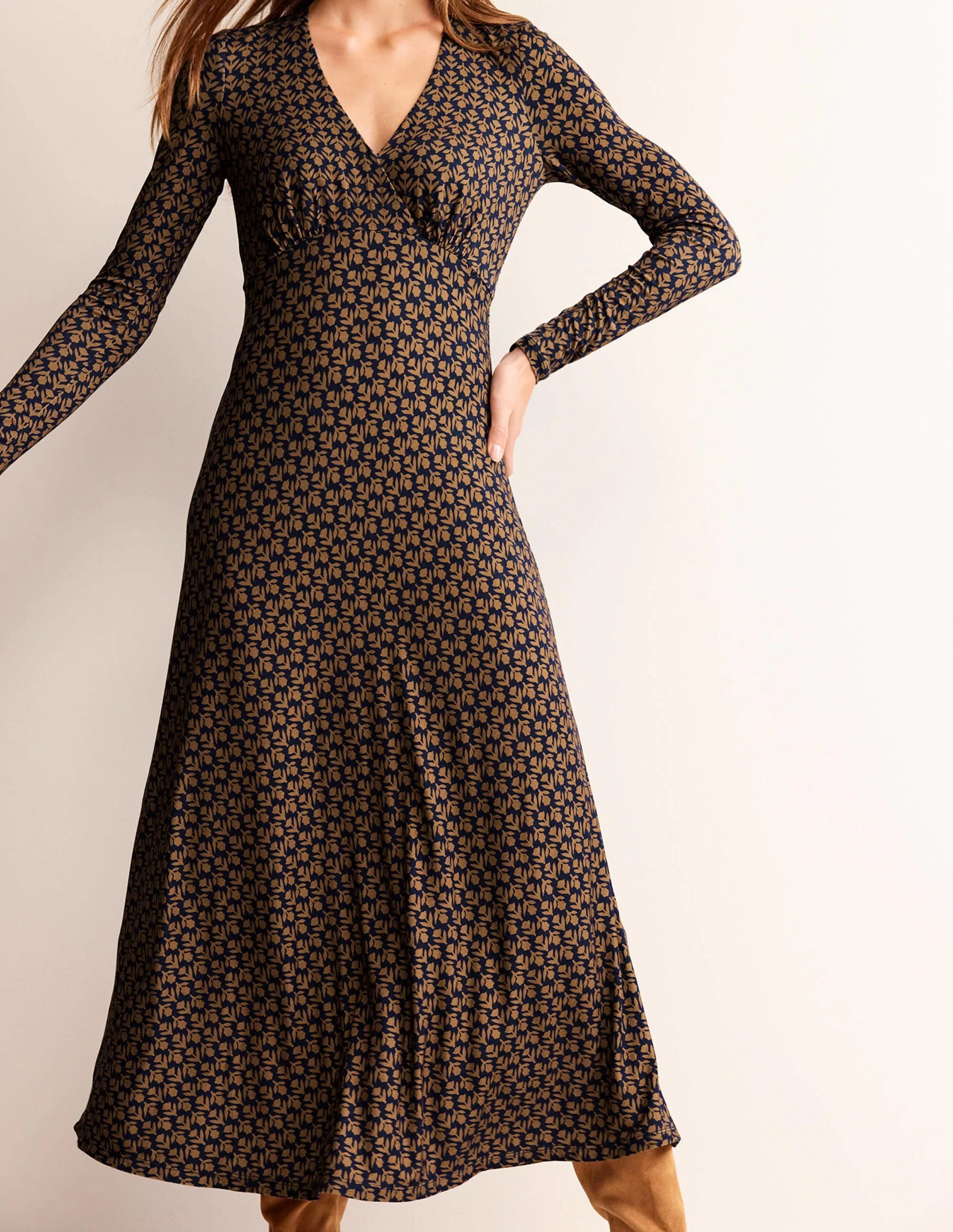 Long Sleeve Jersey Tea Dress-Camel, Tulip Pop