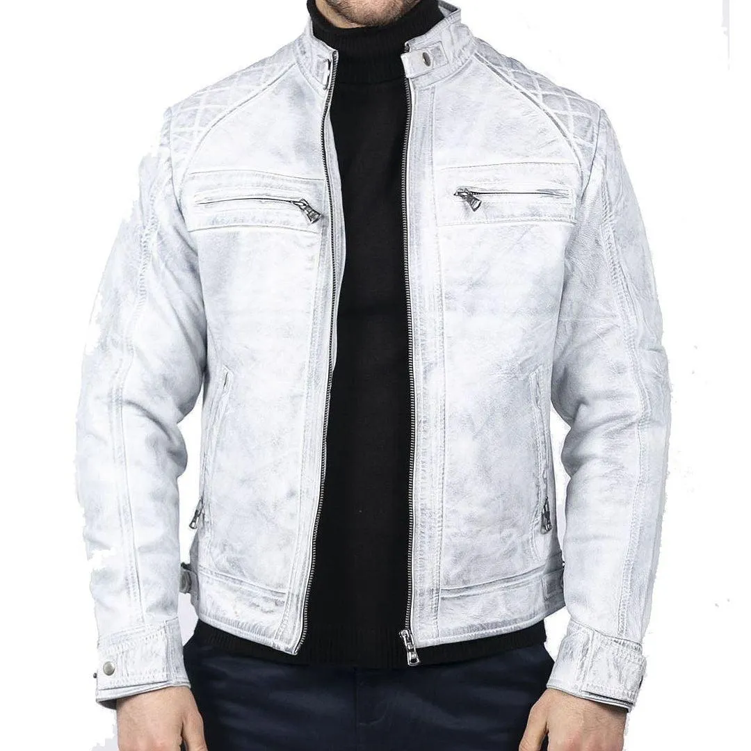 Mens Retro Style Zipped Biker Jacket Real Leather Soft Black Casual