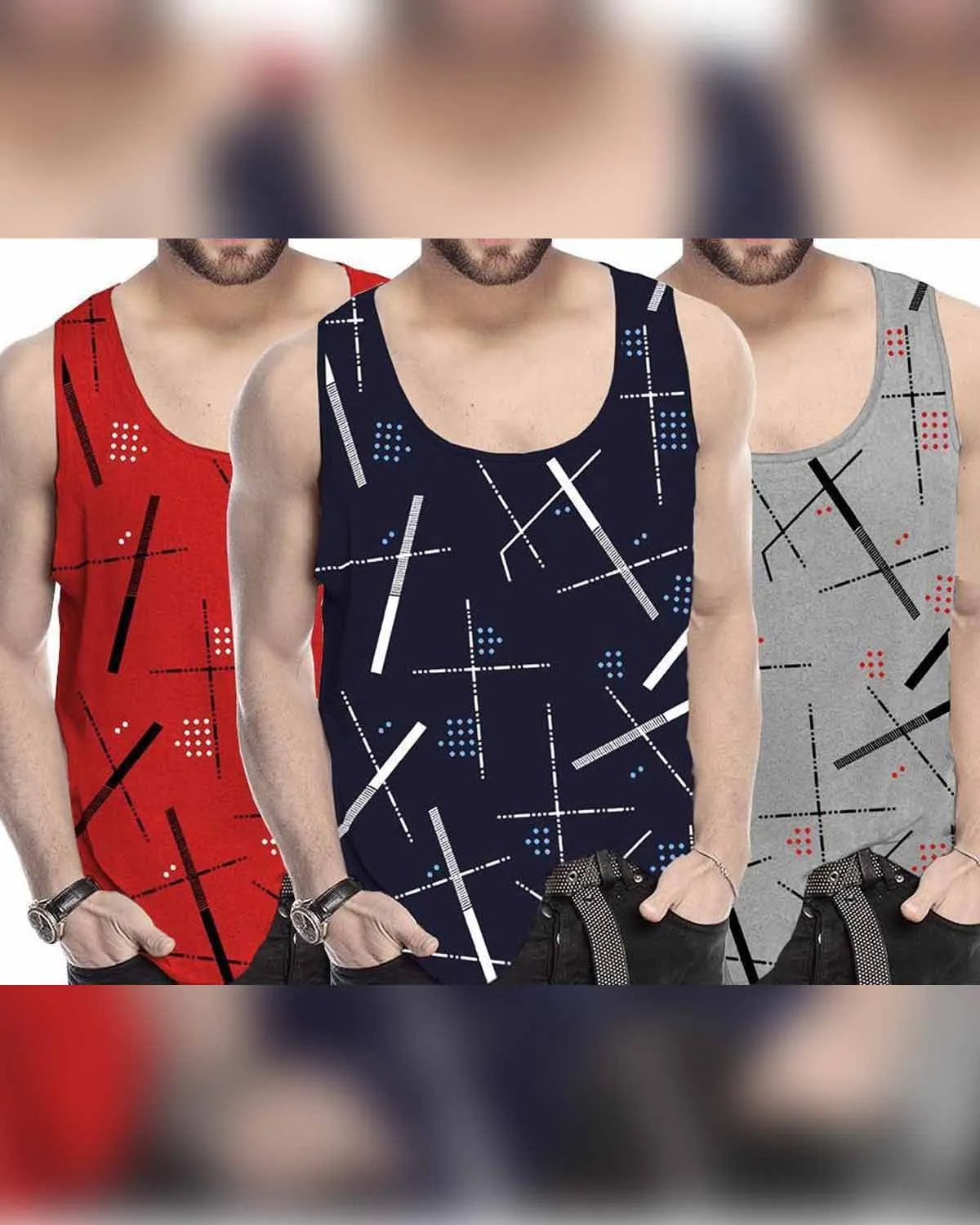 (Pack of 3) Multicolor Men Printed Vest