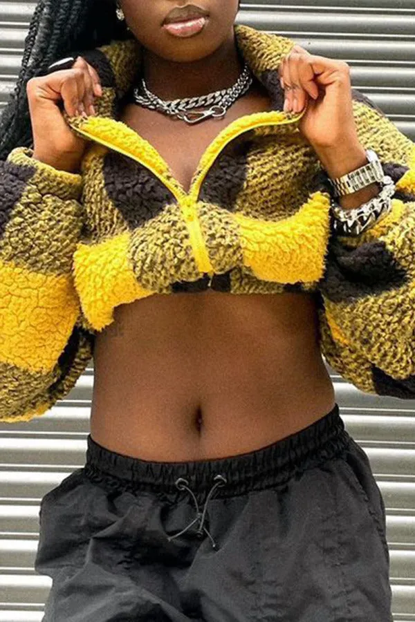 Purpdrank - Gold Casual Plaid Patchwork Zipper Collar Outerwear
