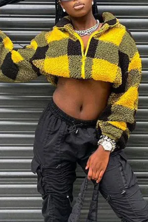 Purpdrank - Gold Casual Plaid Patchwork Zipper Collar Outerwear