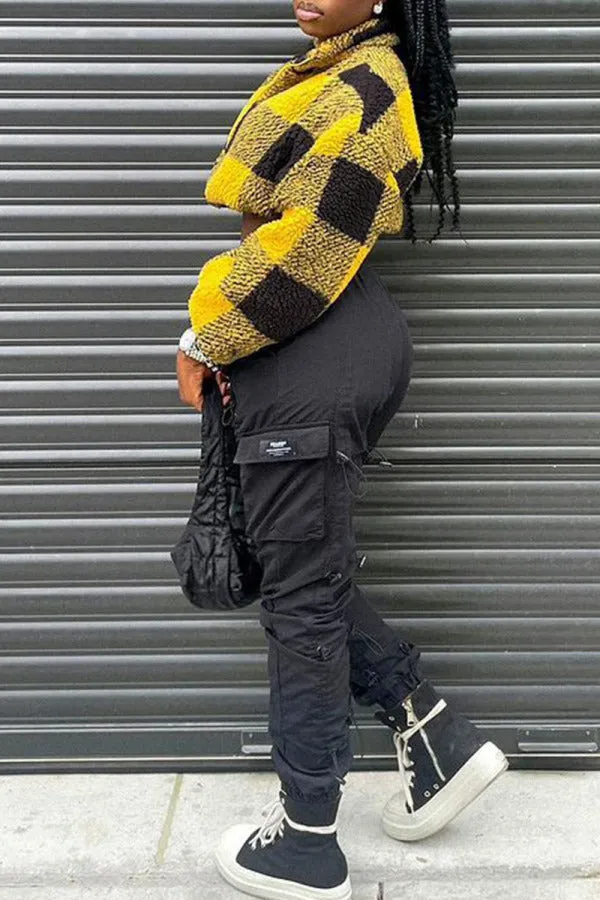 Purpdrank - Gold Casual Plaid Patchwork Zipper Collar Outerwear