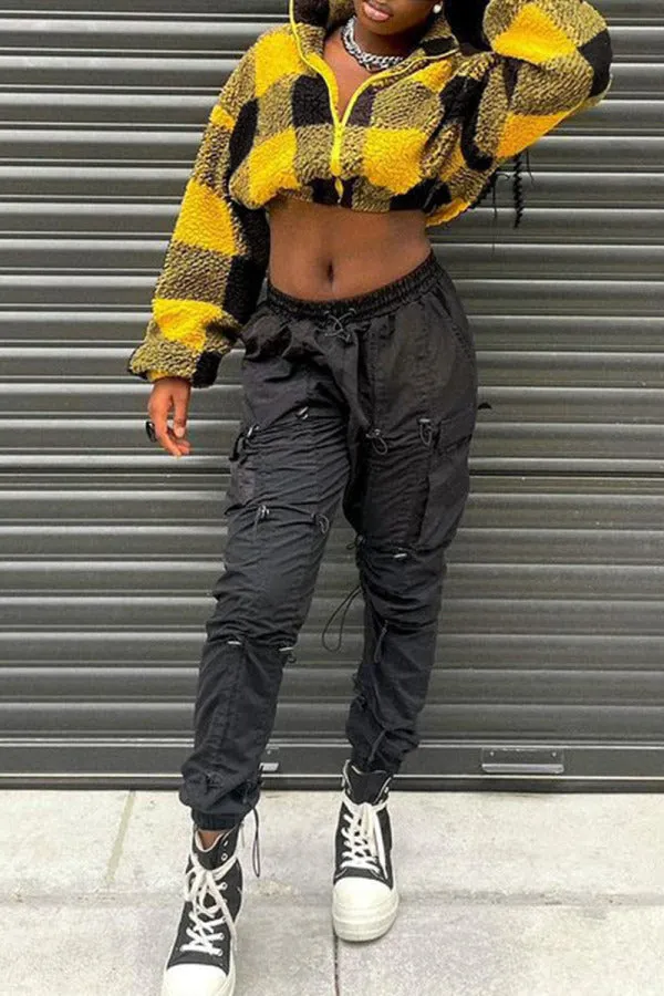 Purpdrank - Gold Casual Plaid Patchwork Zipper Collar Outerwear
