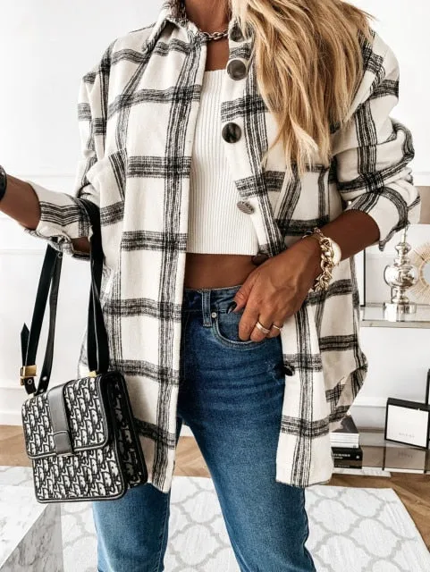 Purpdrank - Oversized Women's Plaid Shirt Jackets Plush Long Sleeve Ladies Tops Outwear Autumn Winter Loose Women Coats Dropshipping