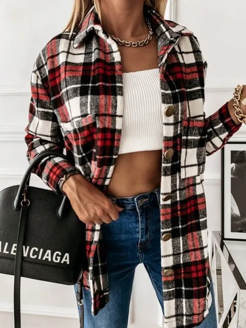 Purpdrank - Oversized Women's Plaid Shirt Jackets Plush Long Sleeve Ladies Tops Outwear Autumn Winter Loose Women Coats Dropshipping