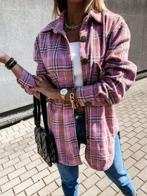 Purpdrank - Oversized Women's Plaid Shirt Jackets Plush Long Sleeve Ladies Tops Outwear Autumn Winter Loose Women Coats Dropshipping