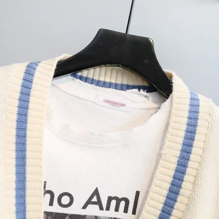 "PARIS PARIS PARIS" Knit Cardigan With Open Stitch Details