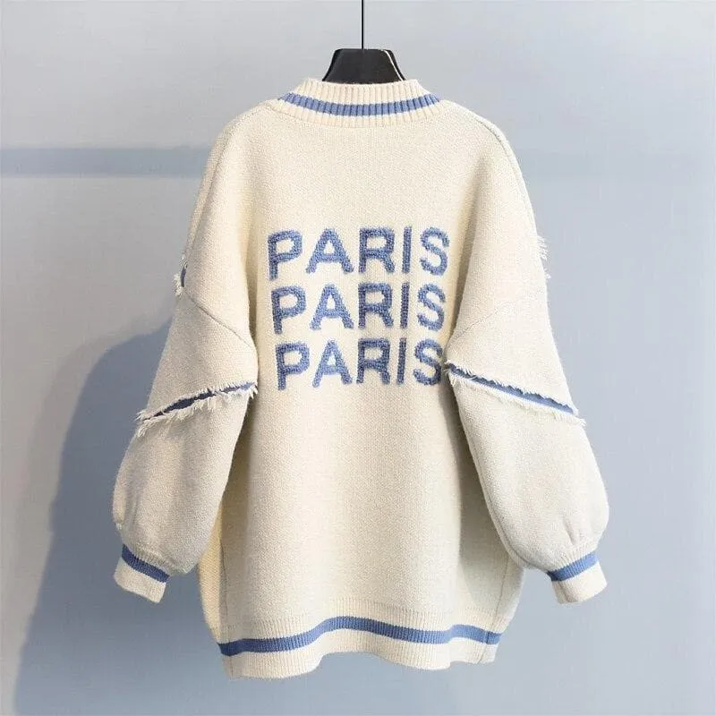 "PARIS PARIS PARIS" Knit Cardigan With Open Stitch Details