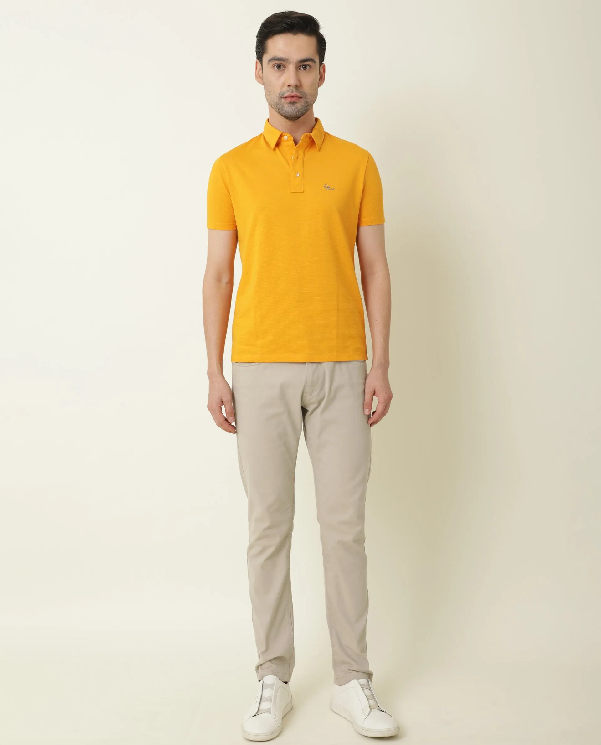 Rare Rabbit Men's Sailor Yellow Solid Cotton Fabric Collared Neck Half-Sleeve Polo T-Shirt