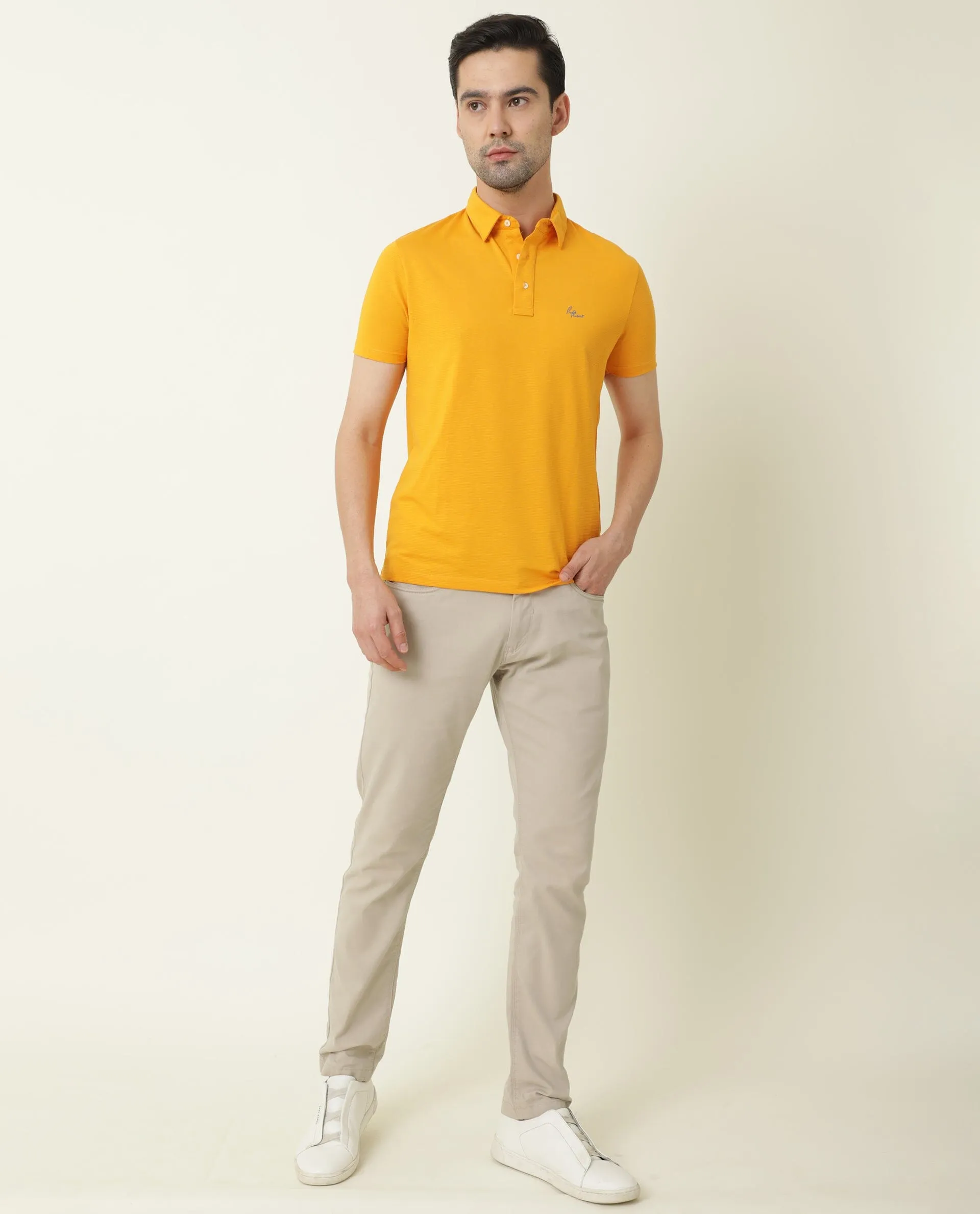 Rare Rabbit Men's Sailor Yellow Solid Cotton Fabric Collared Neck Half-Sleeve Polo T-Shirt