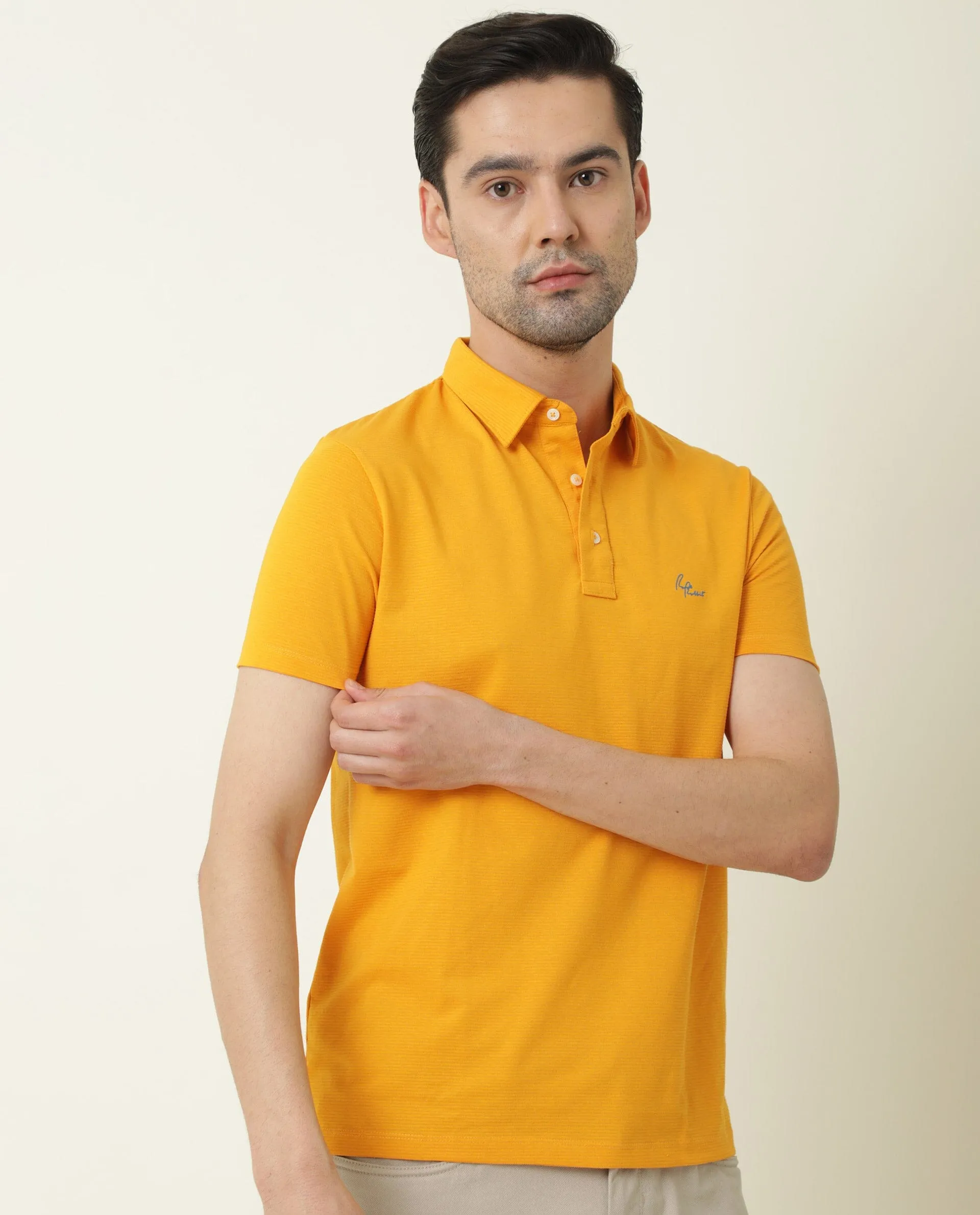 Rare Rabbit Men's Sailor Yellow Solid Cotton Fabric Collared Neck Half-Sleeve Polo T-Shirt