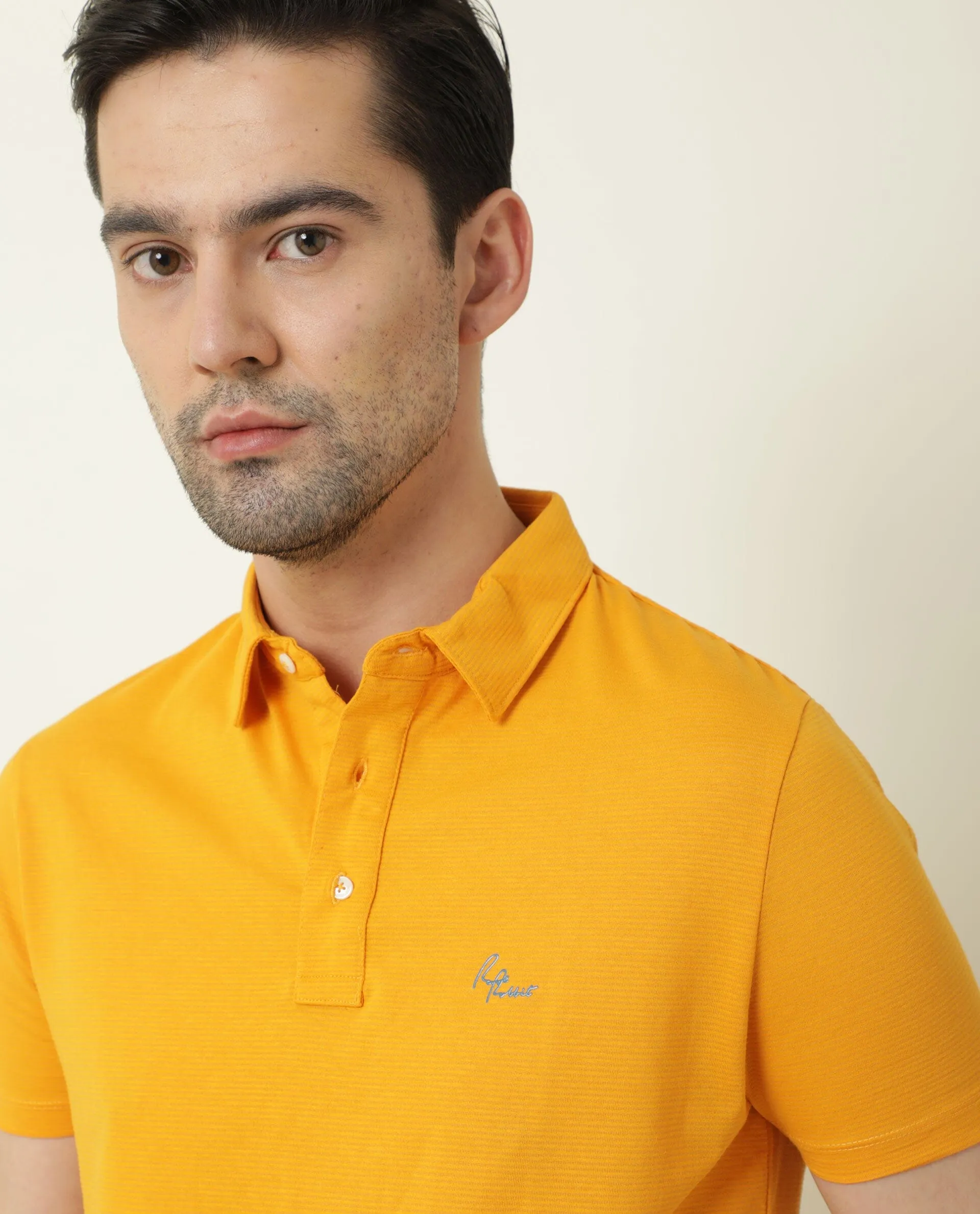 Rare Rabbit Men's Sailor Yellow Solid Cotton Fabric Collared Neck Half-Sleeve Polo T-Shirt