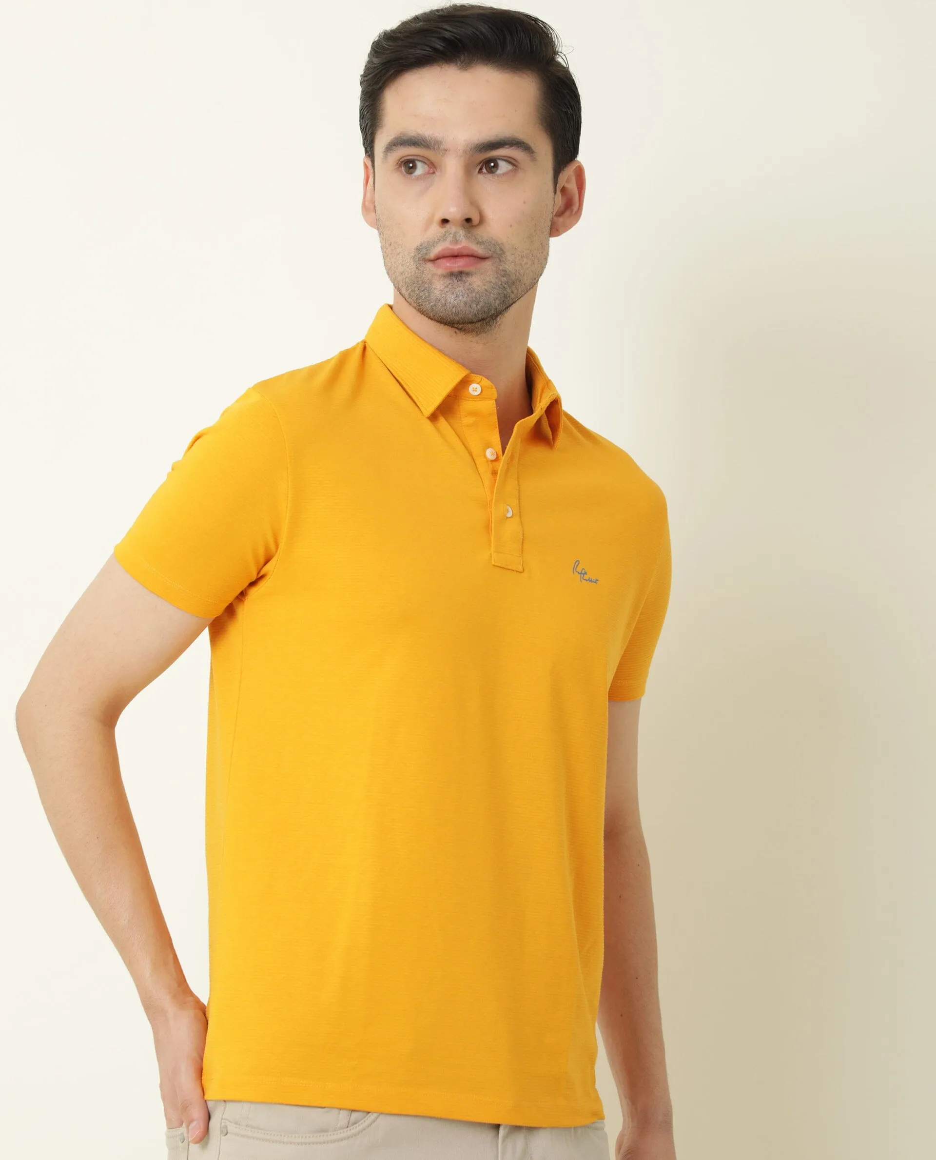 Rare Rabbit Men's Sailor Yellow Solid Cotton Fabric Collared Neck Half-Sleeve Polo T-Shirt