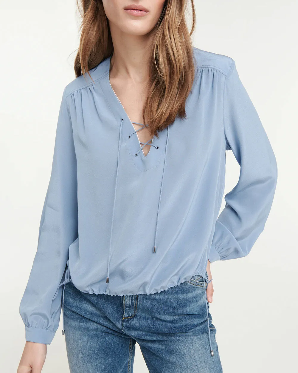 Steel Blue Drawstring Fluid Volumes Blouse