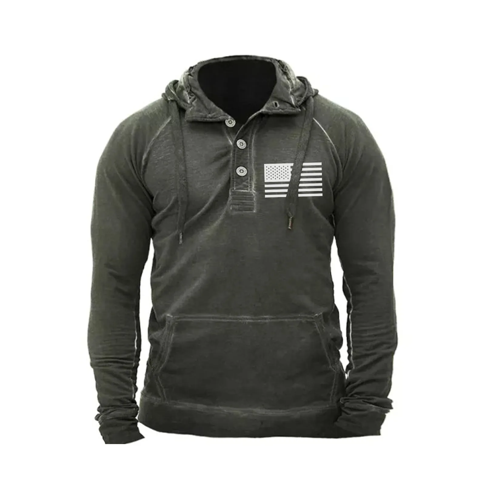 USA FLAG BUTTON  RAGLAN GRAPHIC POCKET HOODIE