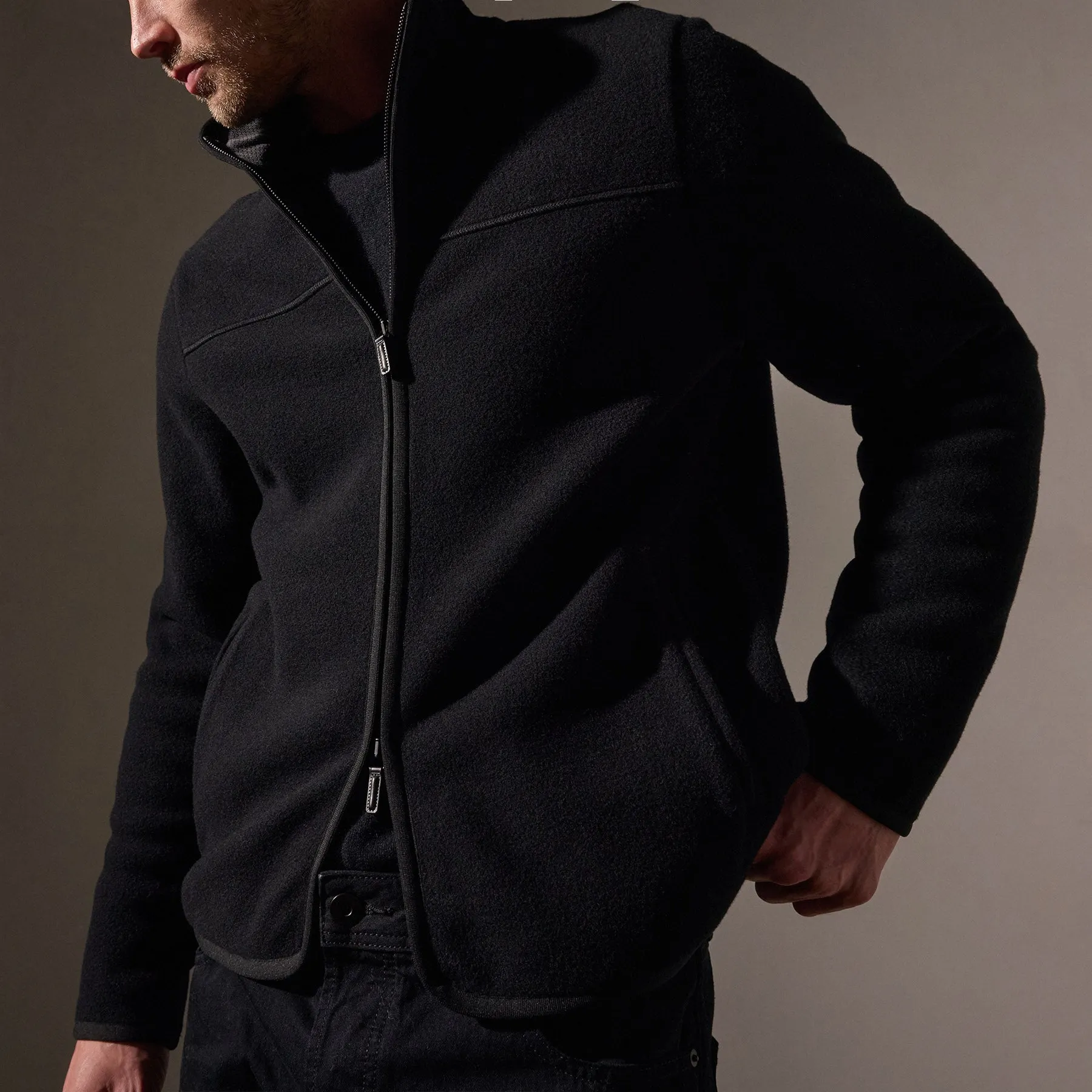 Wool Jersey Zip Front Funnel Neck - Black/Black